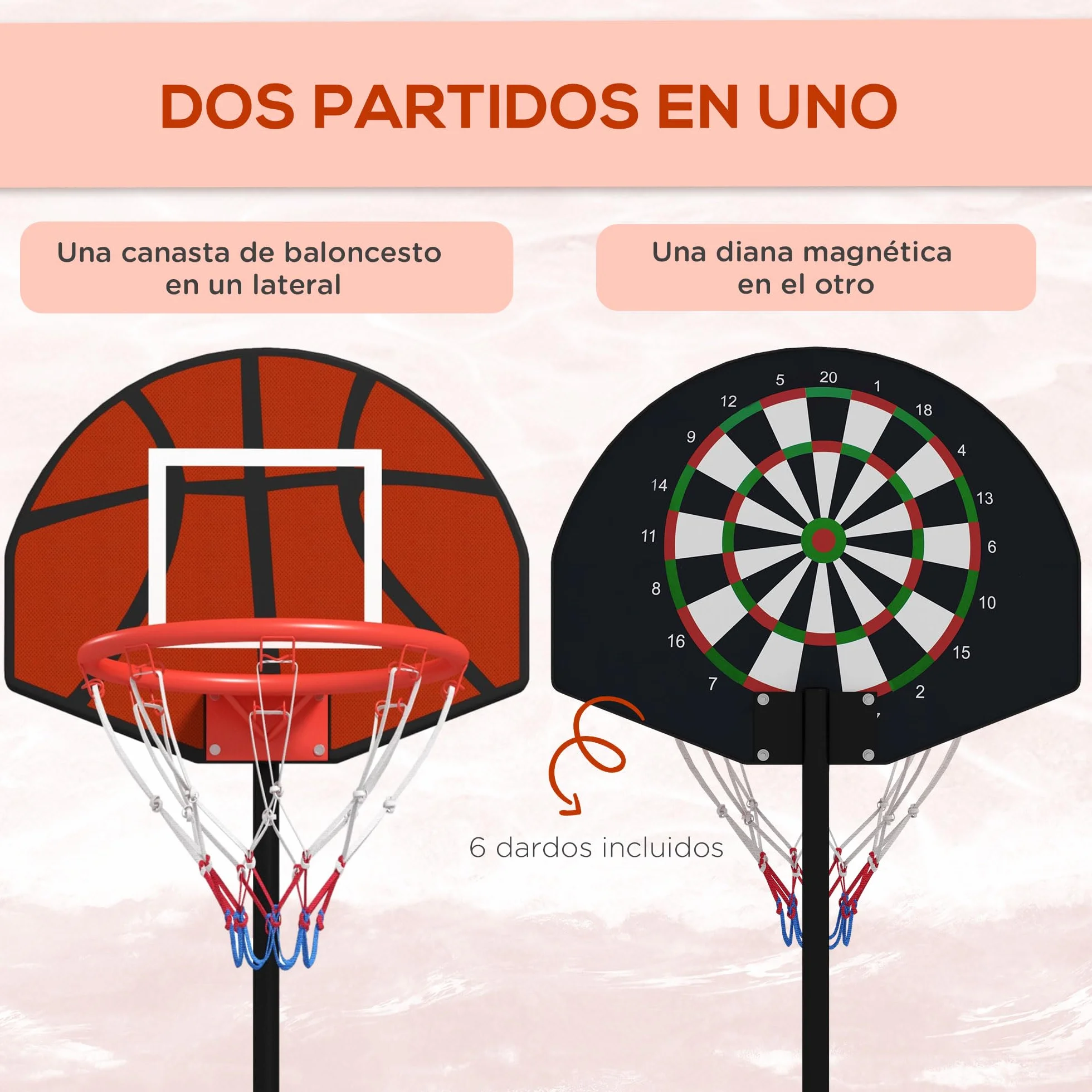 SPORTNOW Canasta de Baloncesto Altura Regulable 129-179 cm Diana Magnética Dardos Aro Base Rellenable Interior Negro
