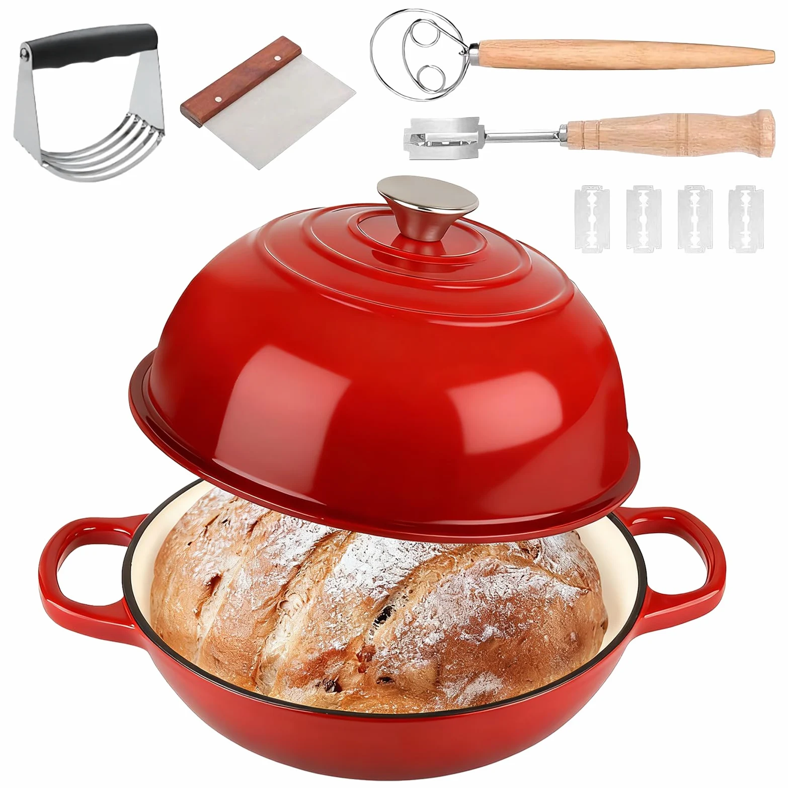 Olla de Hierro Fundido Esmaltada 5,7L Oval, Dutch Oven 26 cm con Tapa, Asas de Madera y Accesorios para Pan, Horno hasta 260°C, Todas Vitrocerámicas e Inducción