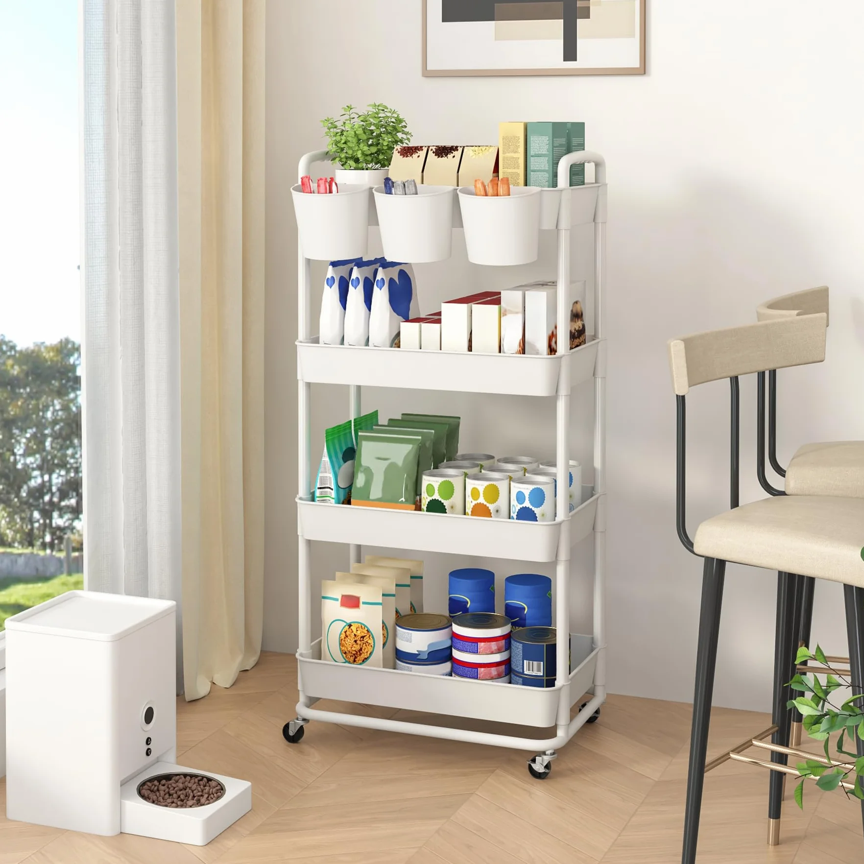 JIUYOTREE Carrito de Almacenamiento de plástico de 4 Niveles con Asas para Colgar adicionales, Ruedas bloqueables para Sala de Estar, baño, Cocina, Oficina, Color Blanco
