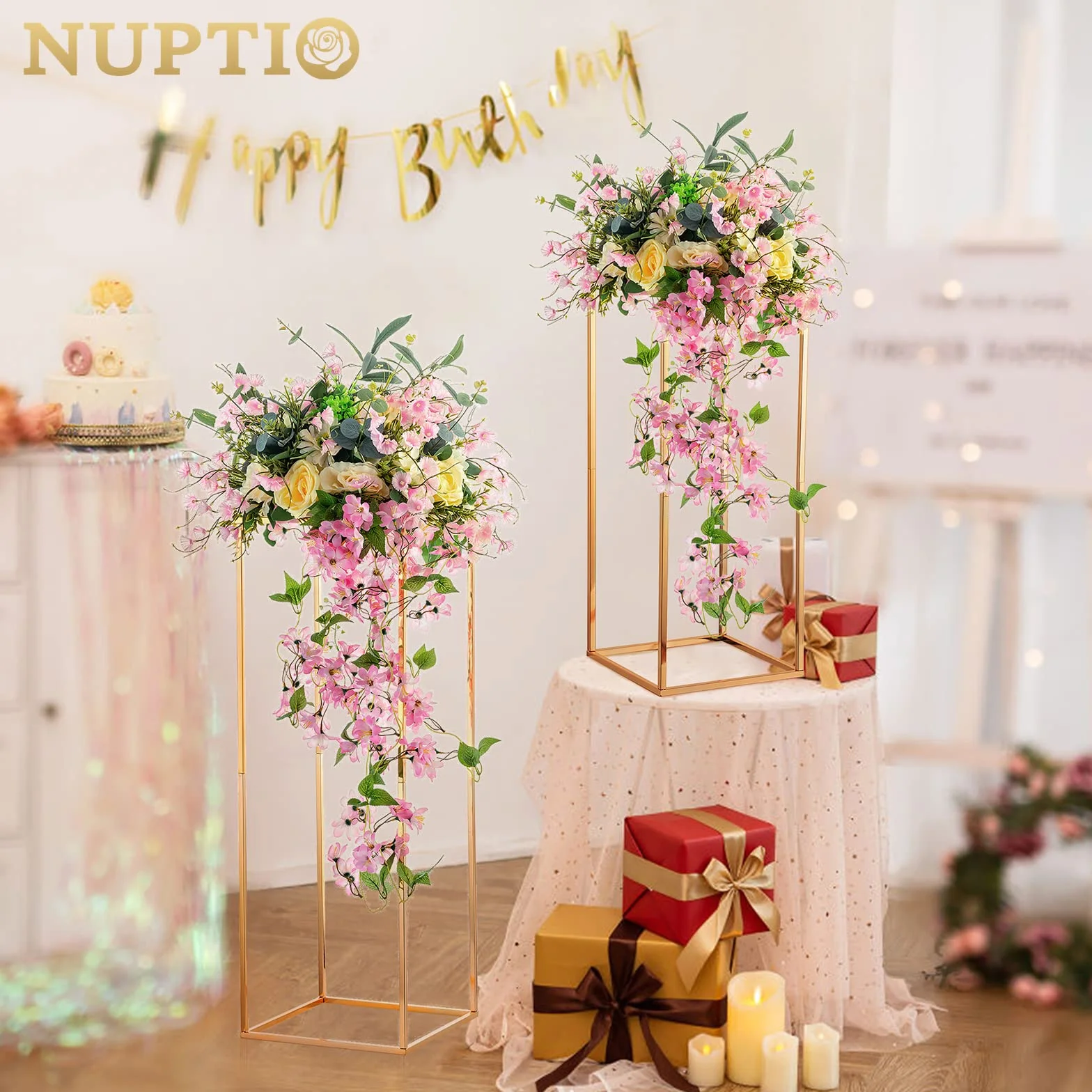 Nuptio 2 Piezas Jarrones Oro para Mesas Centro Boda, Soporte Flores Columna Jarrón Piso Flores Metal, Florero Geométrico 80cm Alto, Estante Exhibición Flores Rectangular para Boda Fiesta Casa