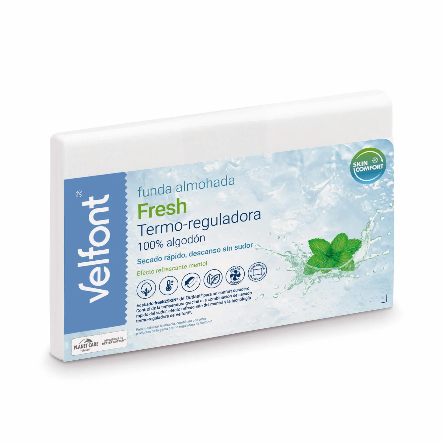 Velfont Funda de Almohada Exterior Fresh de Algodón 100%, Sensación Refrescante Mentol, Tecnología Termo-reguladora, (90 cm)