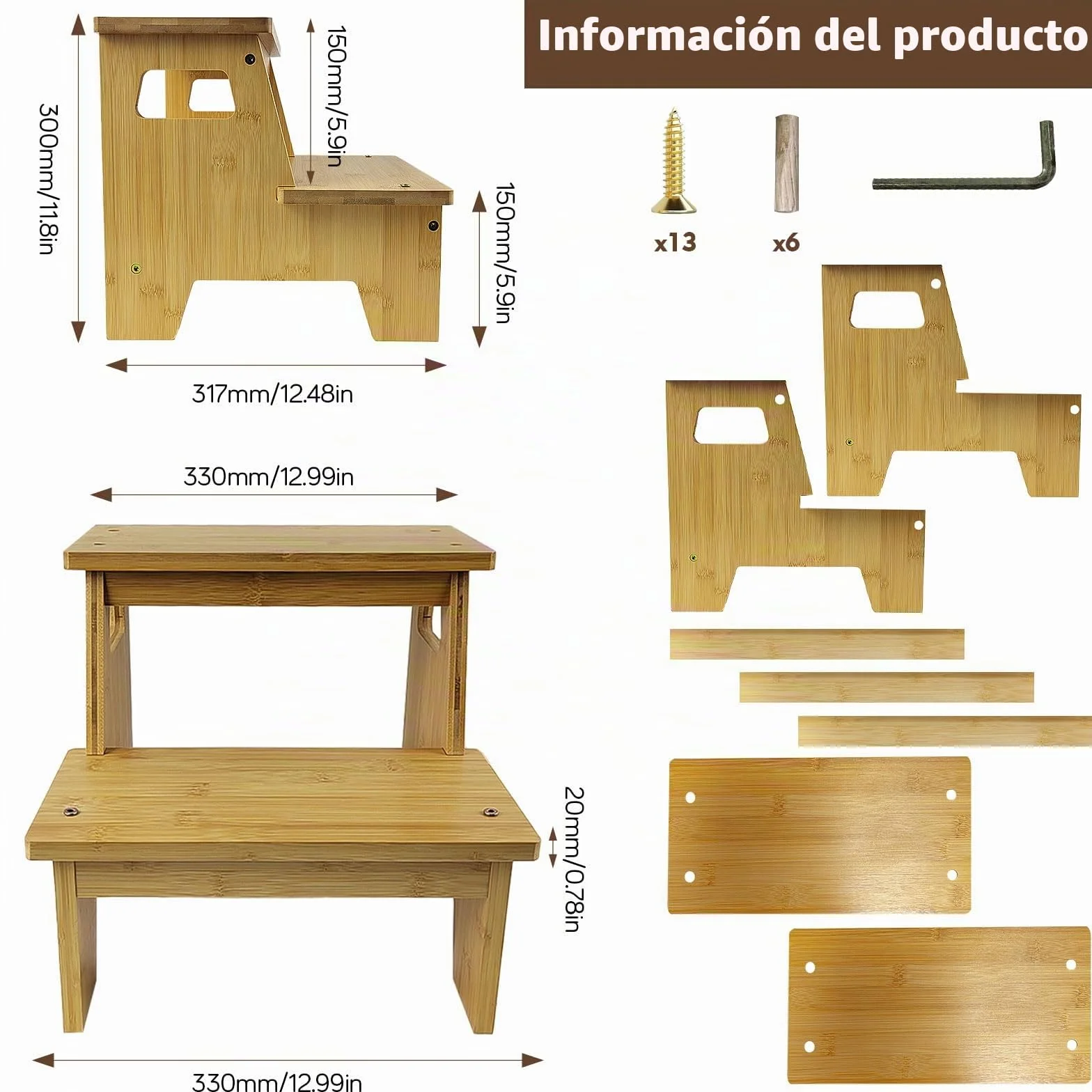 Escalera Madera 2 Peldaños Antideslizante Baño Cocina