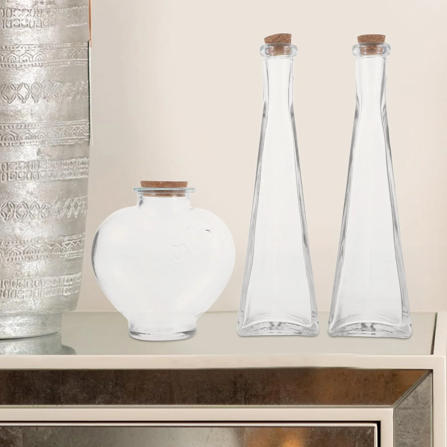 Genérico Botellas de Deseos en Forma de Corazón Prismático para Ceremonia de Arena de Boda, Frascos Decorativos de Vidrio Tapa de Corcho, 3 Piezas para Ritual de Aniversario