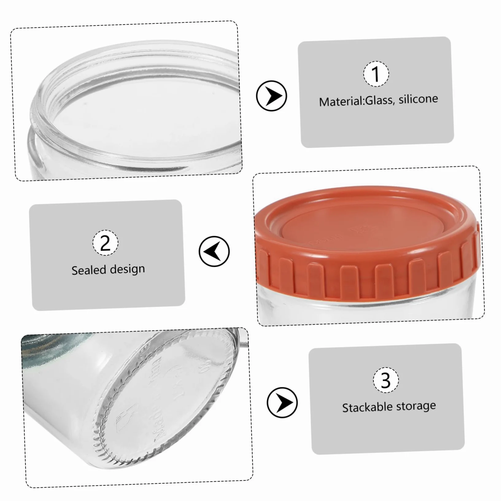 Mobestech Set de 4 Frascos de Vidrio Tapa de Silicona Sellada, Contenedores para Almacenar Alimentos Pequeños, Diseño Apilable y Fácil Acceso para Cocina y Yogur