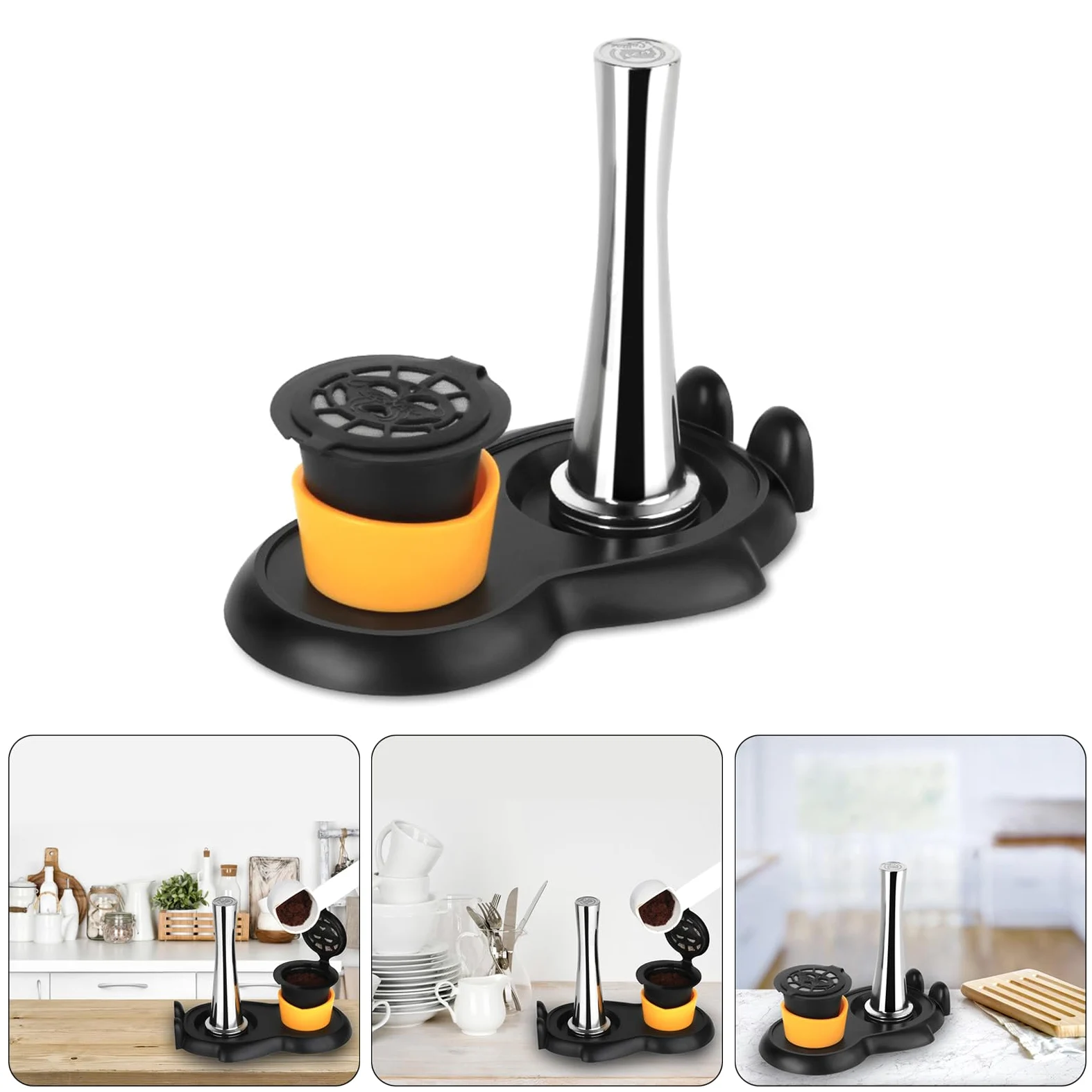 PURPLELILY Martillo de acero inoxidable para prensar café espresso en polvo para portafiltro cápsula, cepillo de limpieza para máquina de café