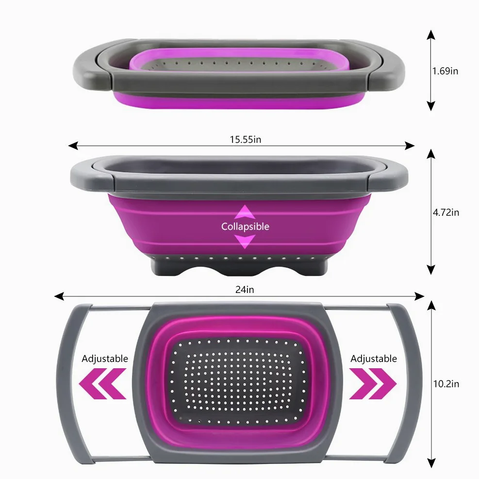 Colador plegable Qimh, colador de cocina, colador de verduras, coladores de frutas, coladores con asas extensibles, colador plegable apto para lavavajillas para cocina, 6 cuartos de galón, sin BPA