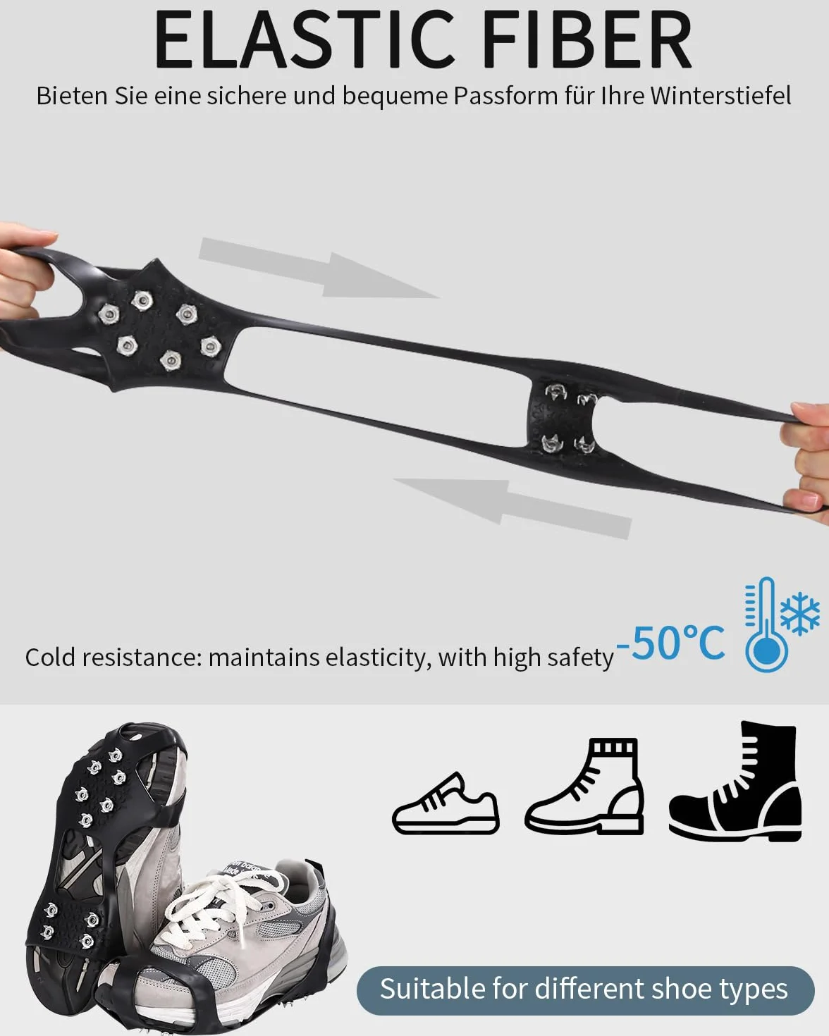 Crampones Inoxidable Nieve Hielo 10 Tacos para Esquí Caminar Pesca Invierno Negro