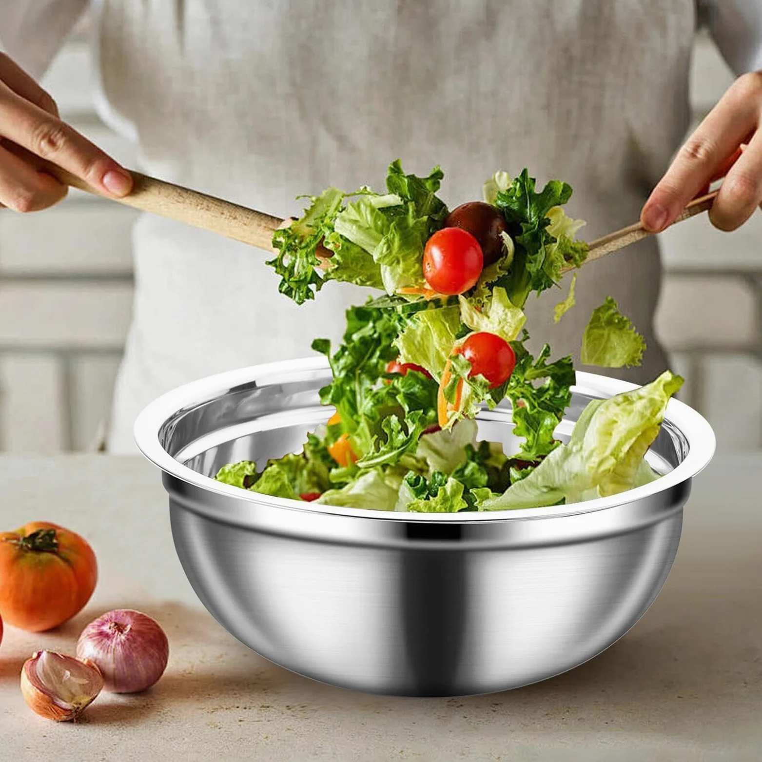 Bol para Mezclar con Tapa Herméticas de Acero Inoxidable, Juego Apilable | Ideales para preparar y conservar alimentos en el frigorífico para Cereales, Snacks, Huevos, Aderezos, Verduras, Masa y F