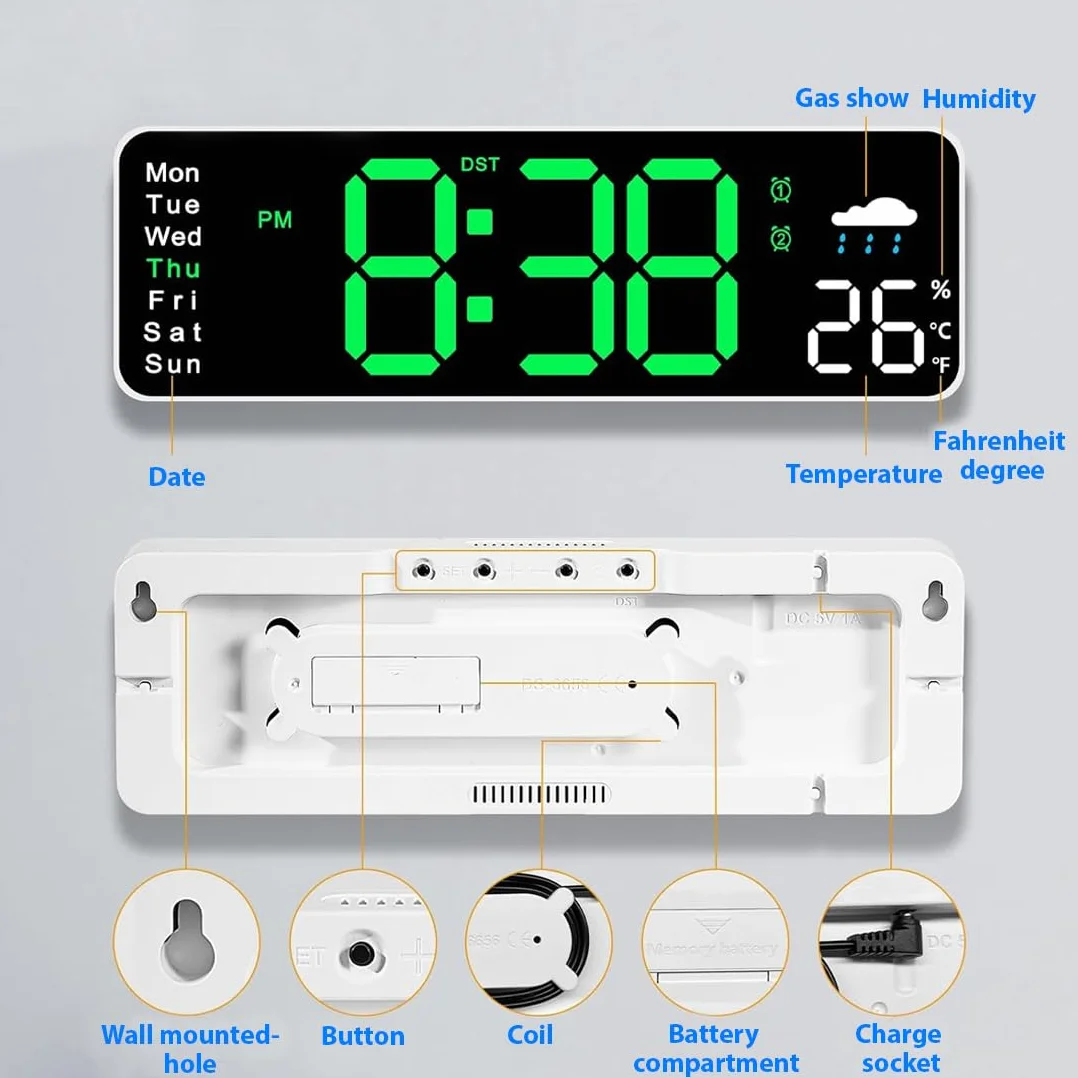 Reloj Digital de Pared,Reloj Digital Grande de 12» con Mando a Distancia,Reloj de Pared Multifuncional Puede probar el pronóstico del Tiempo para la Humedad,para la Sala