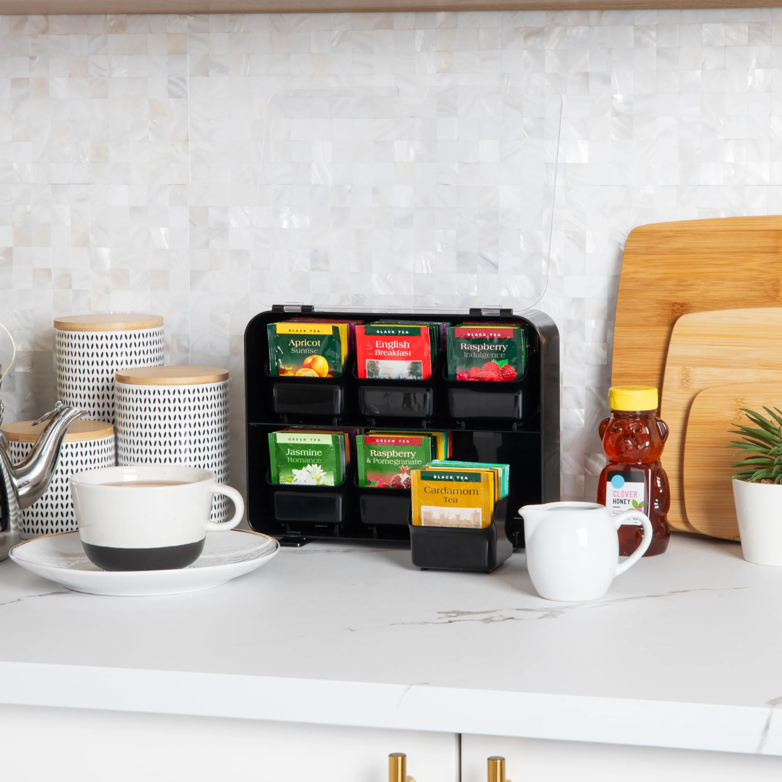 MInd Reader Foundation Collection, organizador de bolsas de té de 6 compartimentos, capacidad para 72 bolsas, cajones extraíbles, tapa transparente con bisagras, organizador de encimera, montaje en