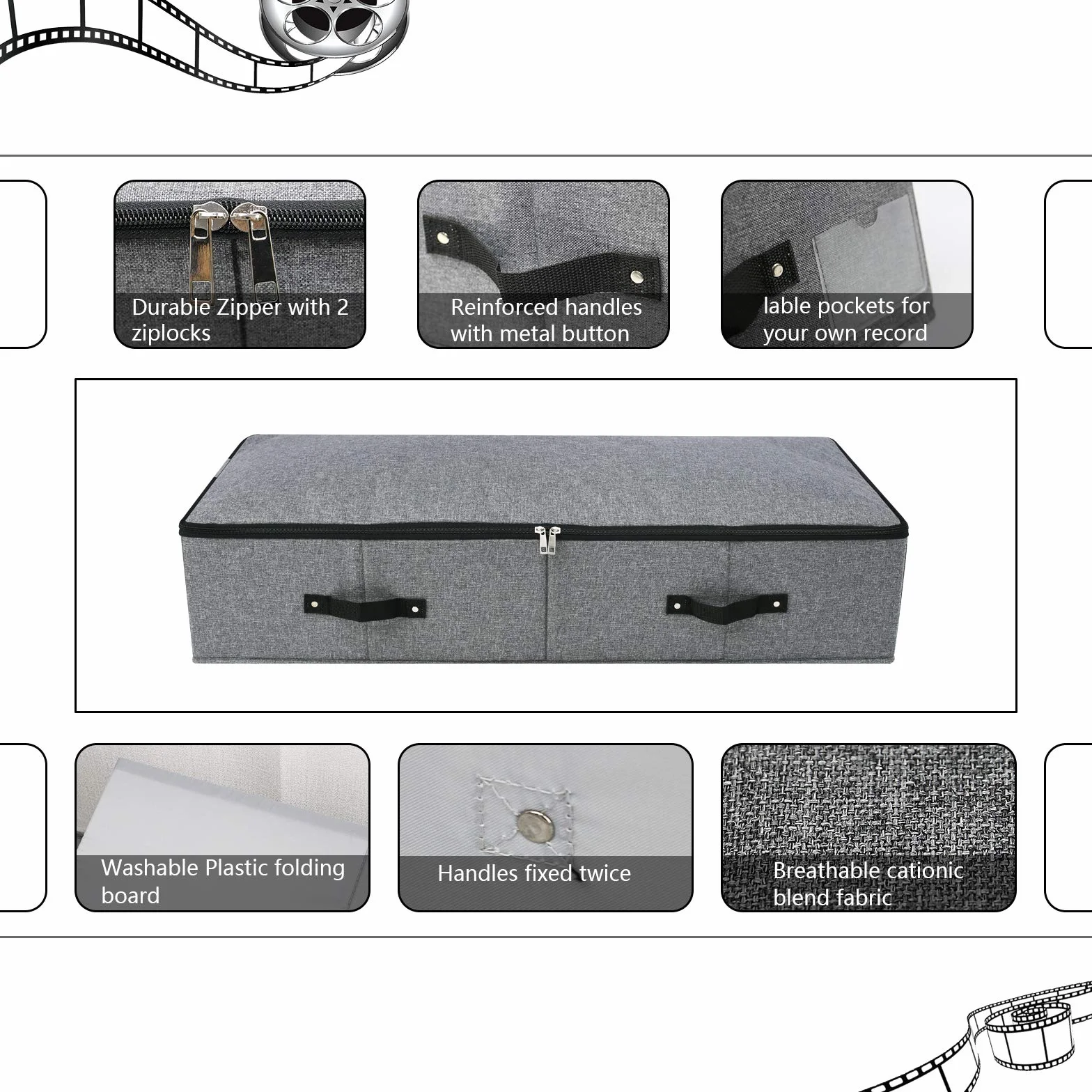 Juego de 2 cajas de almacenamiento plegables debajo de la cama con forro de soporte de plástico, 6 asas, tapa con cierre de cremallera, para cobijas, ropa, edredones, cestas de almacenamiento para la