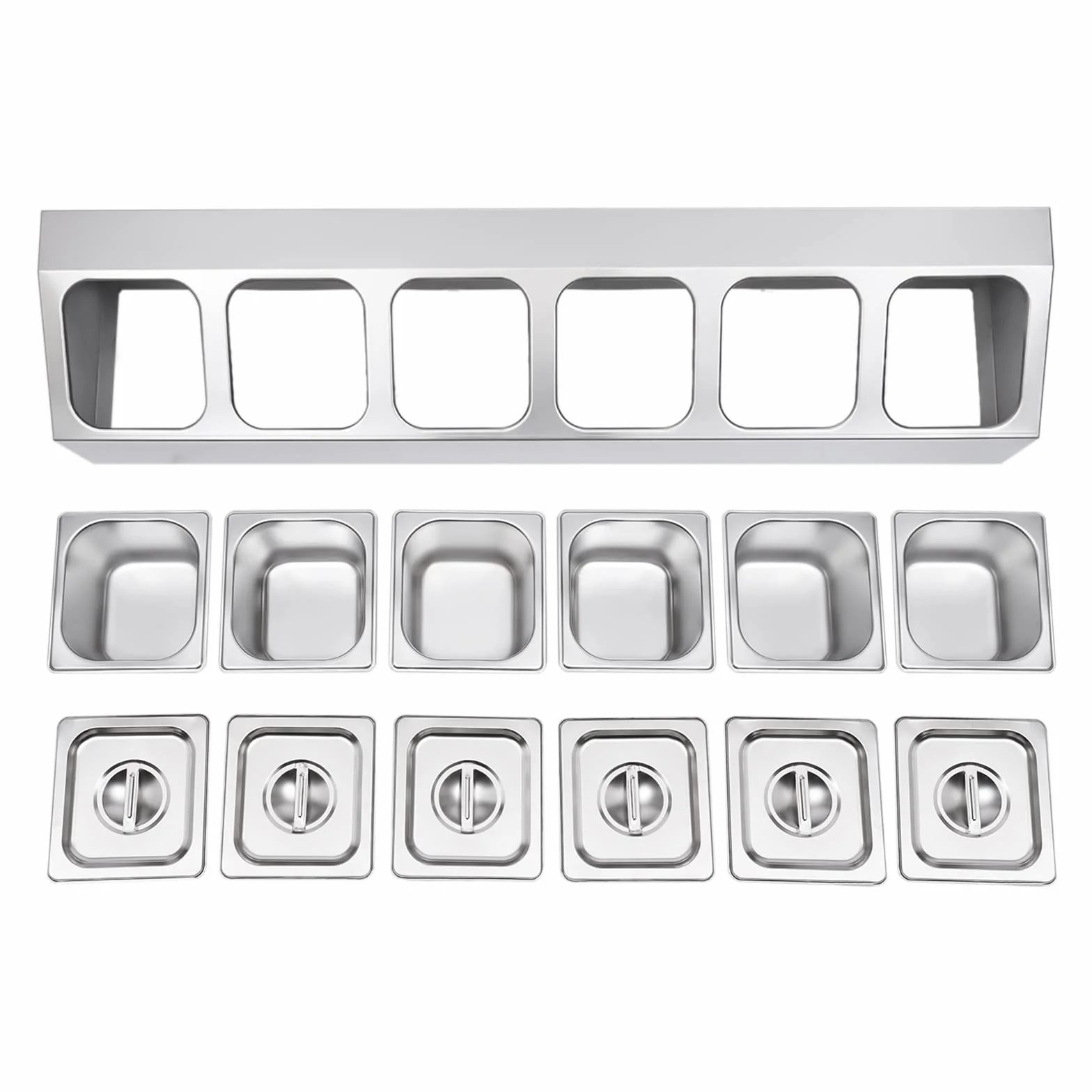 Recipiente de acero inoxidable para ingredientes, contenedor de catering con patas de goma, estante para especias con 6 recipientes para alimentos y 6 tapas, recipiente para ingredientes de