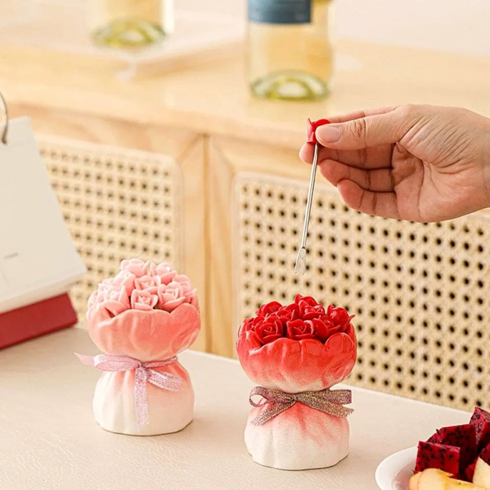 Juego de tenedores de frutas, 12 tenedores de postre de acero inoxidable en forma de rosa con elegante jarrón de almacenamiento de cerámica, tenedores novedosos para cocina, fiesta, comedor