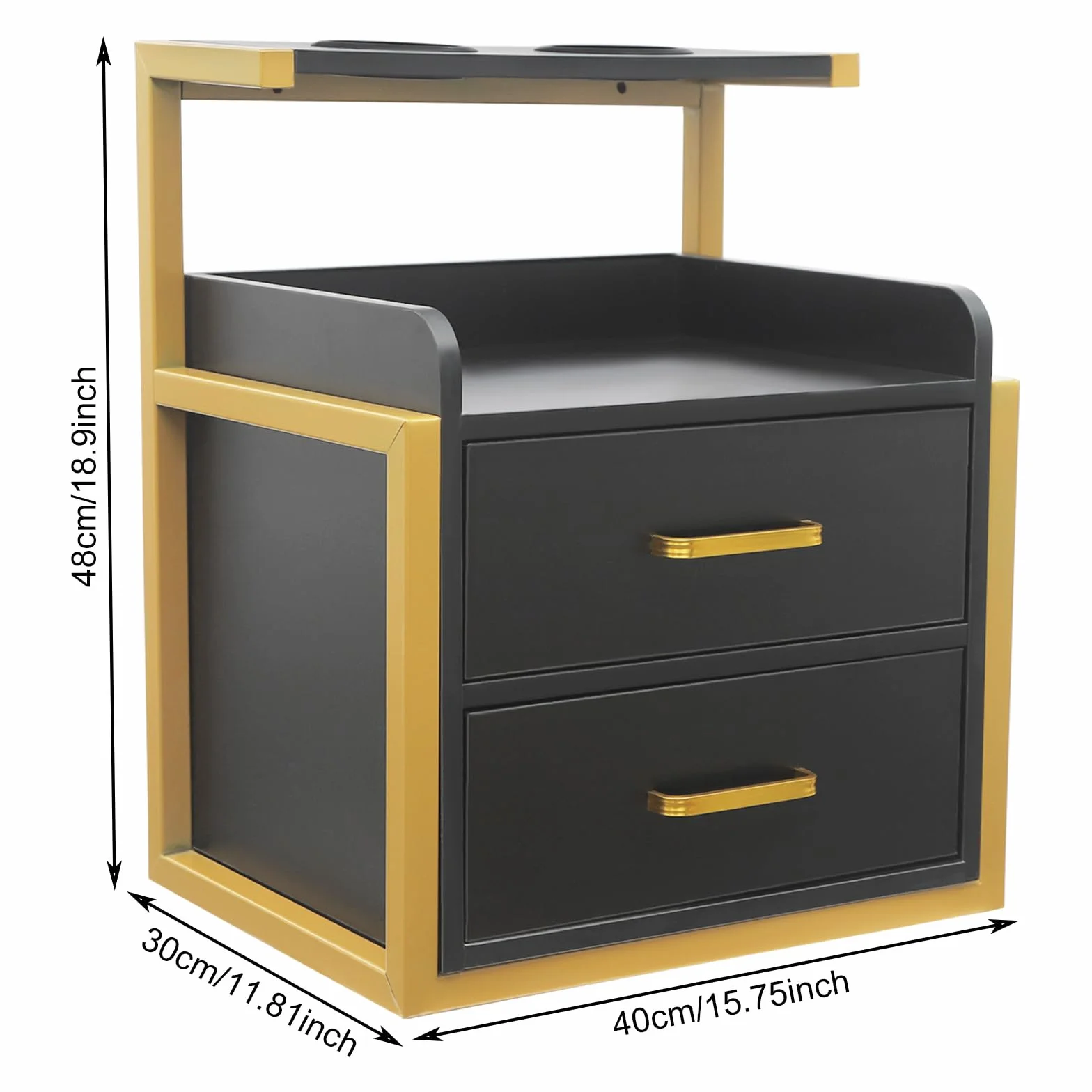 Armario colgante para peluquería, armario de pared con cajones y soporte para secador de pelo para accesorios de peluquería, armario de belleza, moderno, dorado y negro, 40 × 30 × 48 cm