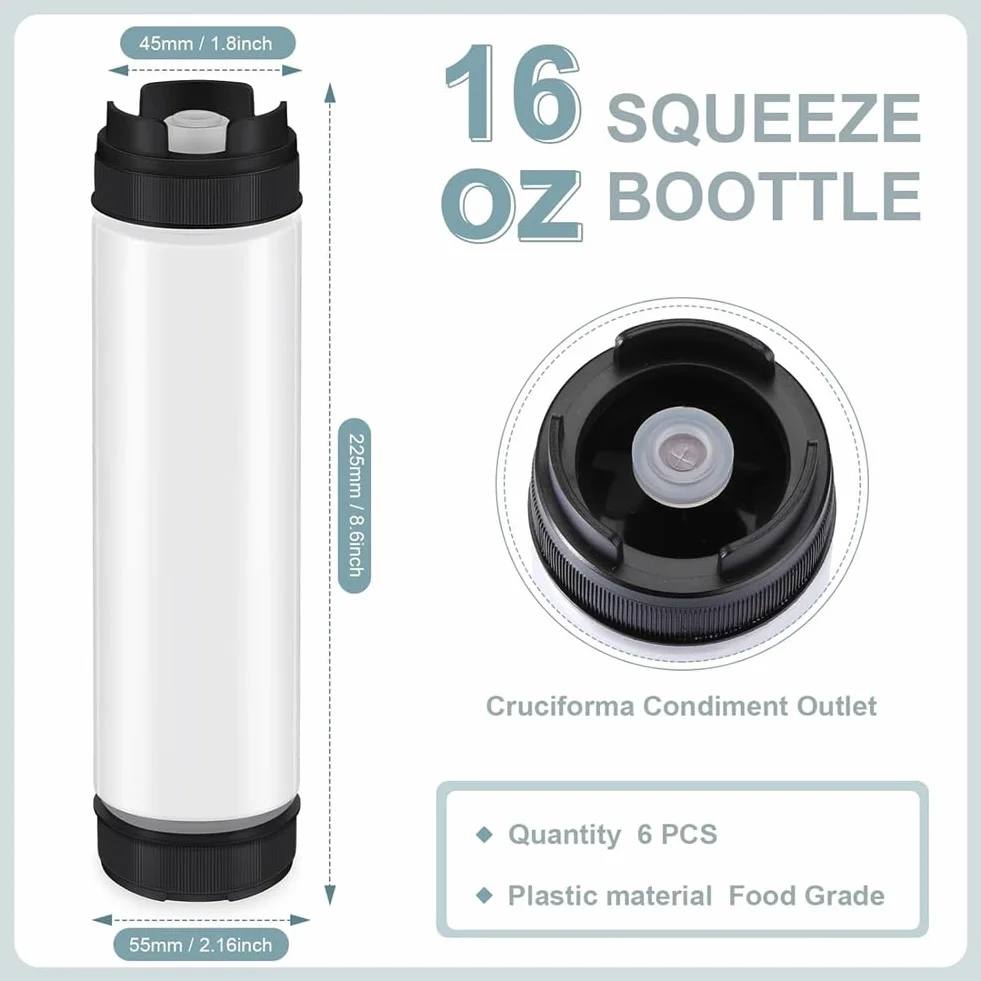 6 Exprimibles para Condimentos de 16 Onzas, Botella Exprimible de Plástico Invertida para Salsas, Dispensador de Válvula Grande con Punta Recargable
