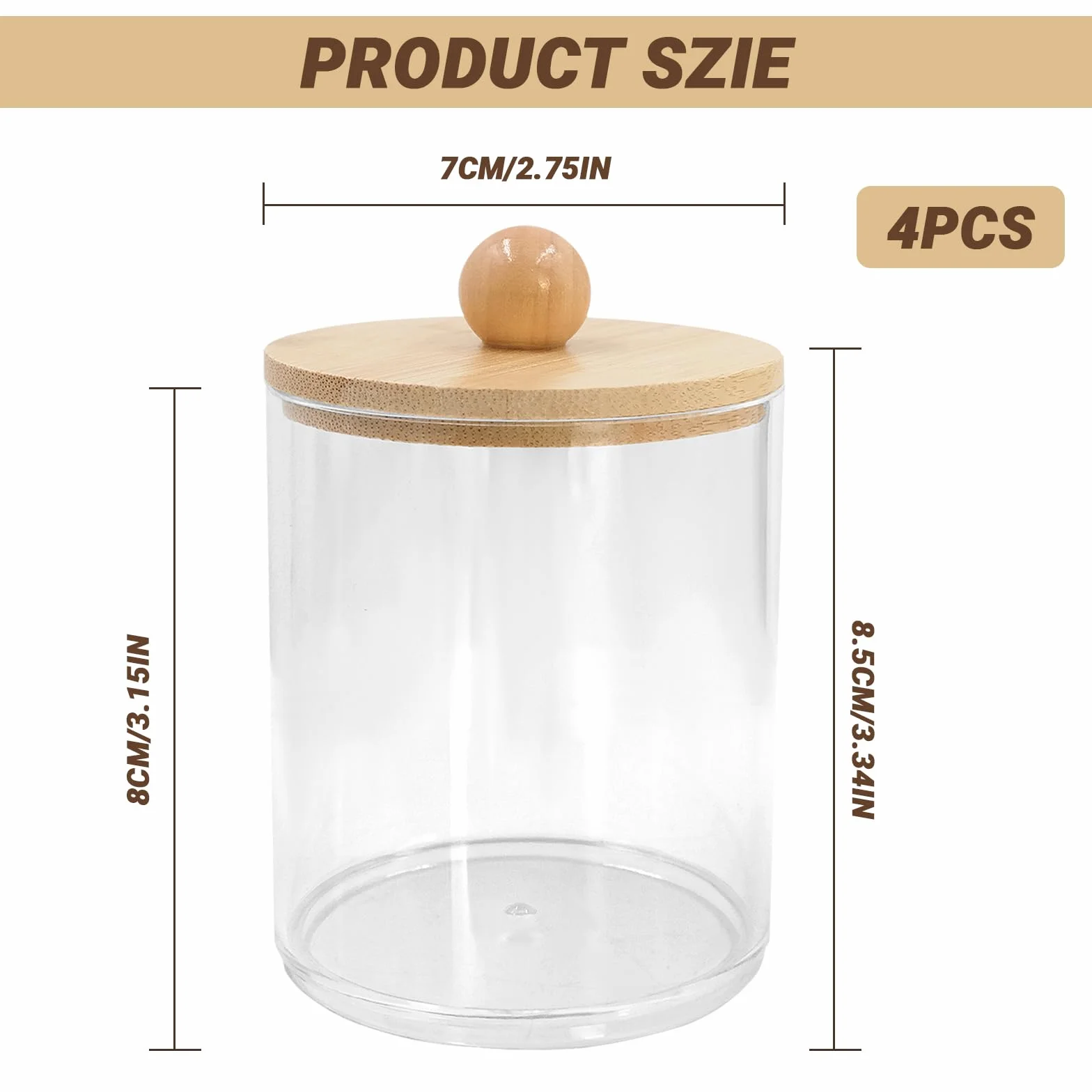4 recipientes de algodón acrílico para guardar almohadillas de algodón con tapas de bambú Qtip, caja para huevos de belleza, hilo dental, tampón, caramelos, artículos de papelería, joyas