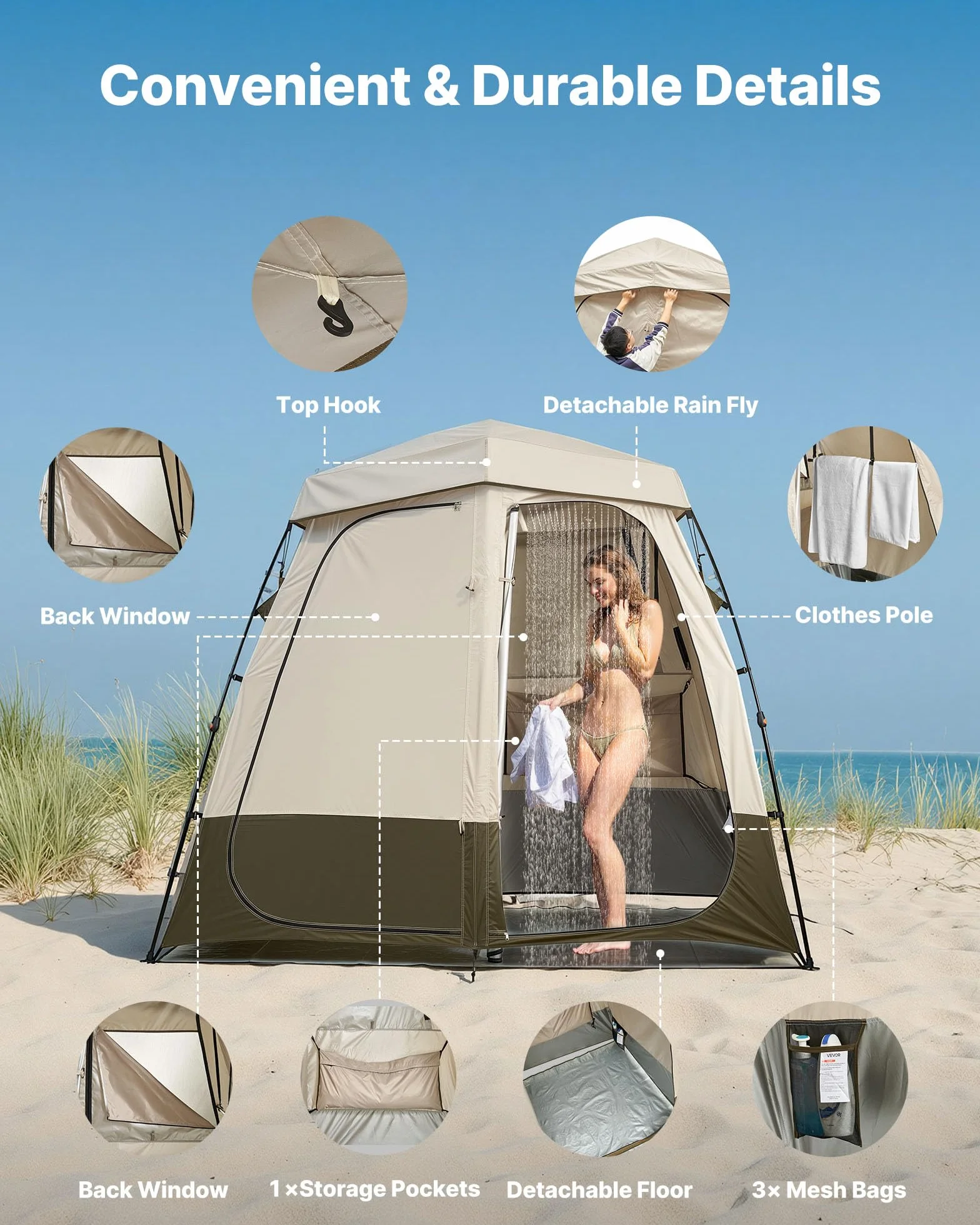 VEVOR Tienda de Campaña con Ducha y Baño, Mampara de Privacidad, 2500 x 1220 x 2180 mm, Caqui