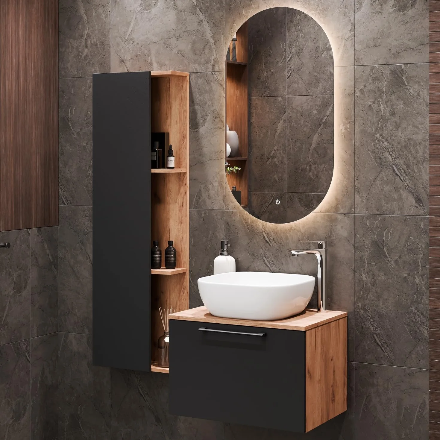 Planetmöbel Astra Conjunto Muebles de baño con Mueble bajo Lavabo 60 cm, 1 Armario Lateral Roble Dorado Antracita, lavamanos sobre encimera 42 cm Blanco
