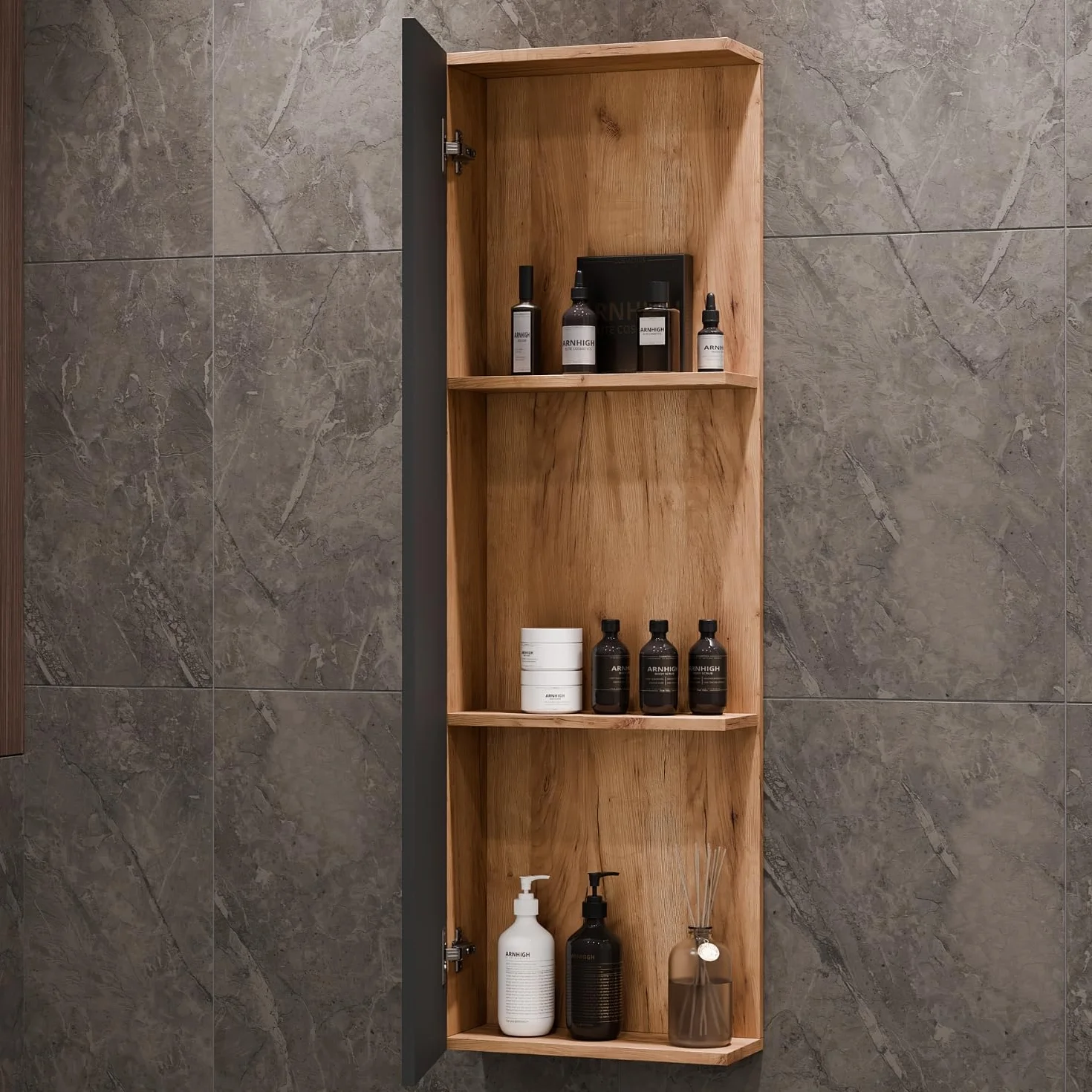 Planetmöbel Astra Conjunto Muebles de baño con Mueble bajo Lavabo 60 cm, 1 Armario Lateral Roble Dorado Antracita, lavamanos sobre encimera 42 cm Blanco