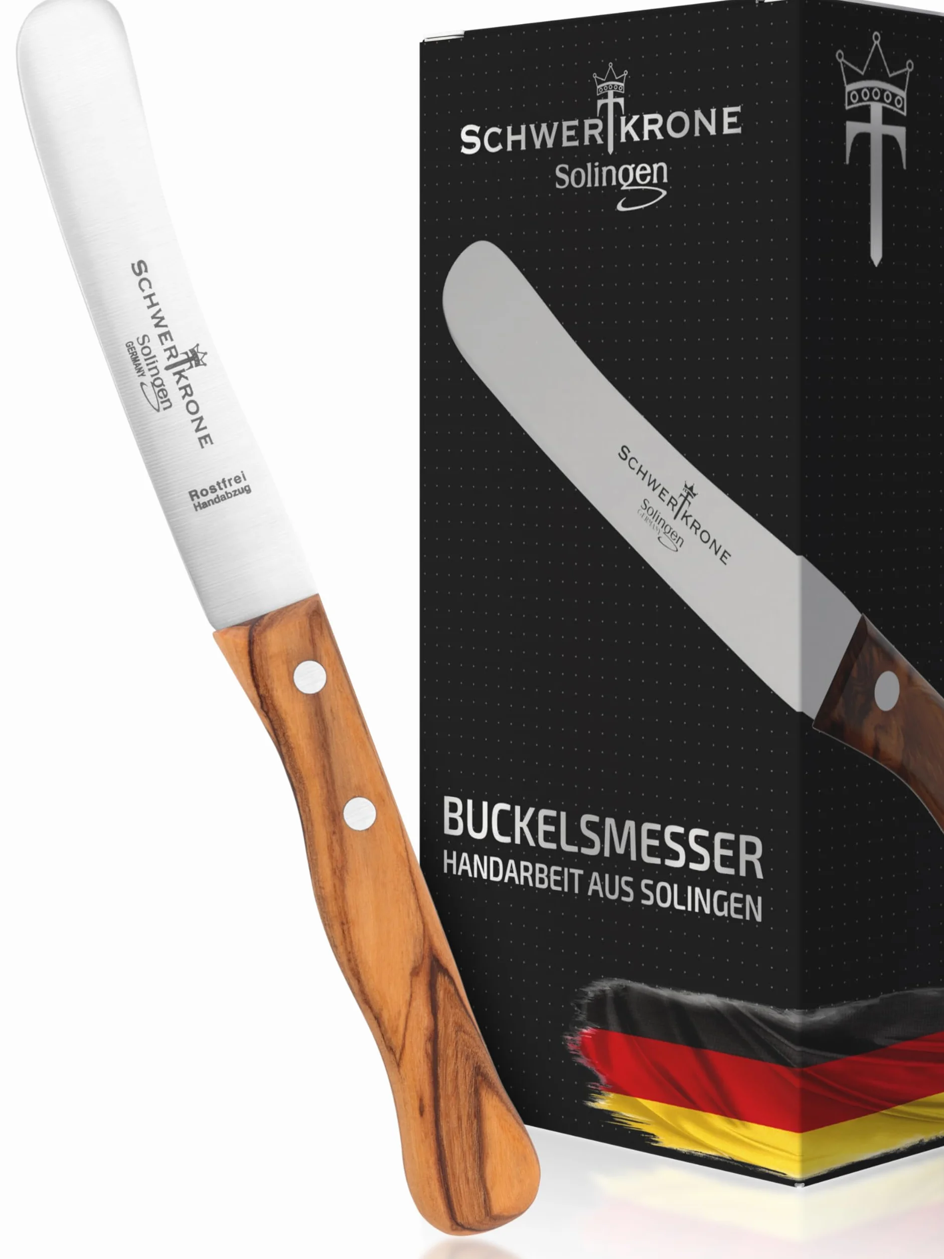 Schwertkrone Buckelsmesser - Cuchillo de desayuno original de Solingen, acero inoxidable, Dwünschliff, madera de olivo