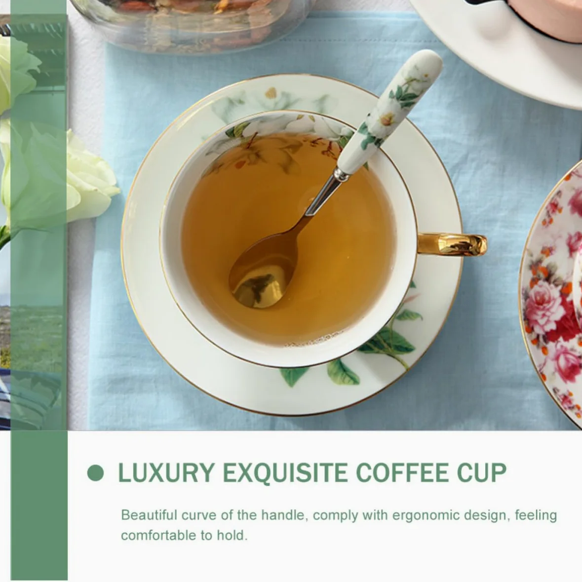BESTOYARD Juego de Taza de Café de Cerámica Platillo y Cuchara, Diseño Europeo Borde Dorado, Fácil de Limpiar y Uso Prolongado para Té y Café
