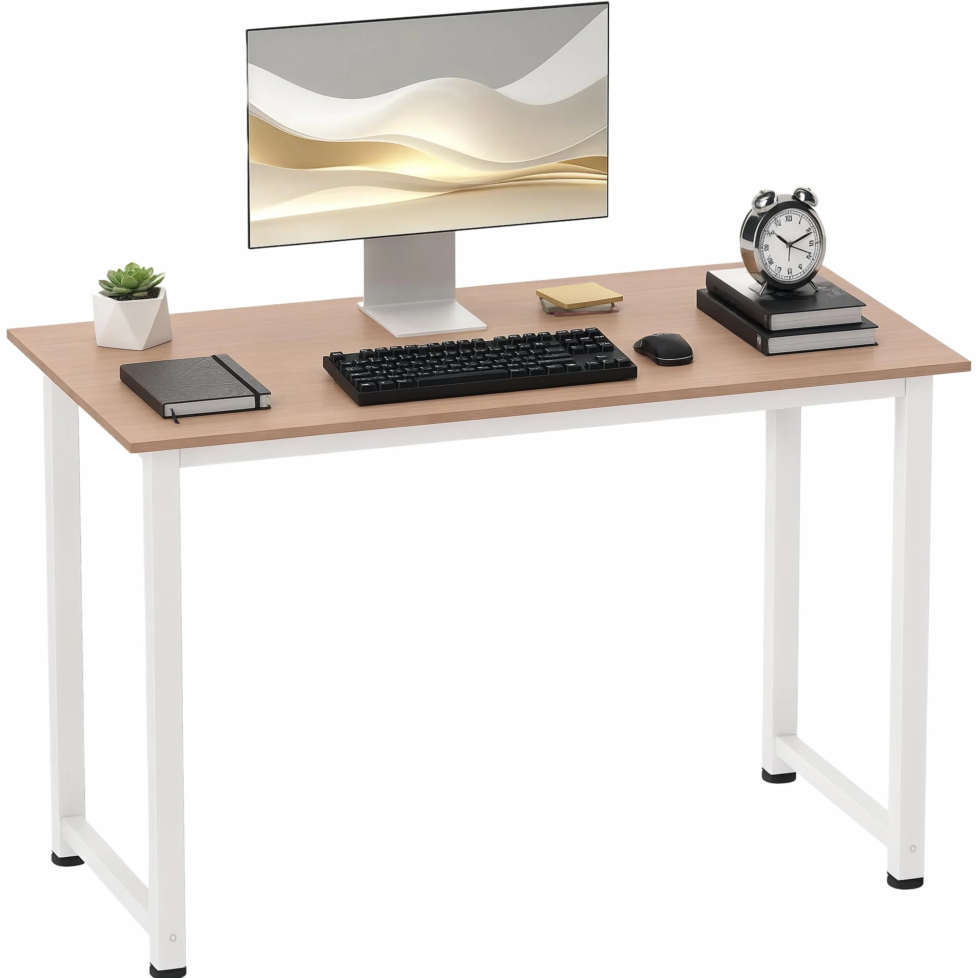 HOMCOM Mesa de Escritorio Moderna Marco Acero 120x60x76 cm Blanco y Natural | Mesa de Estudio, Pies Ajustables, Mesita de Ordenador, para Oficina Hogar