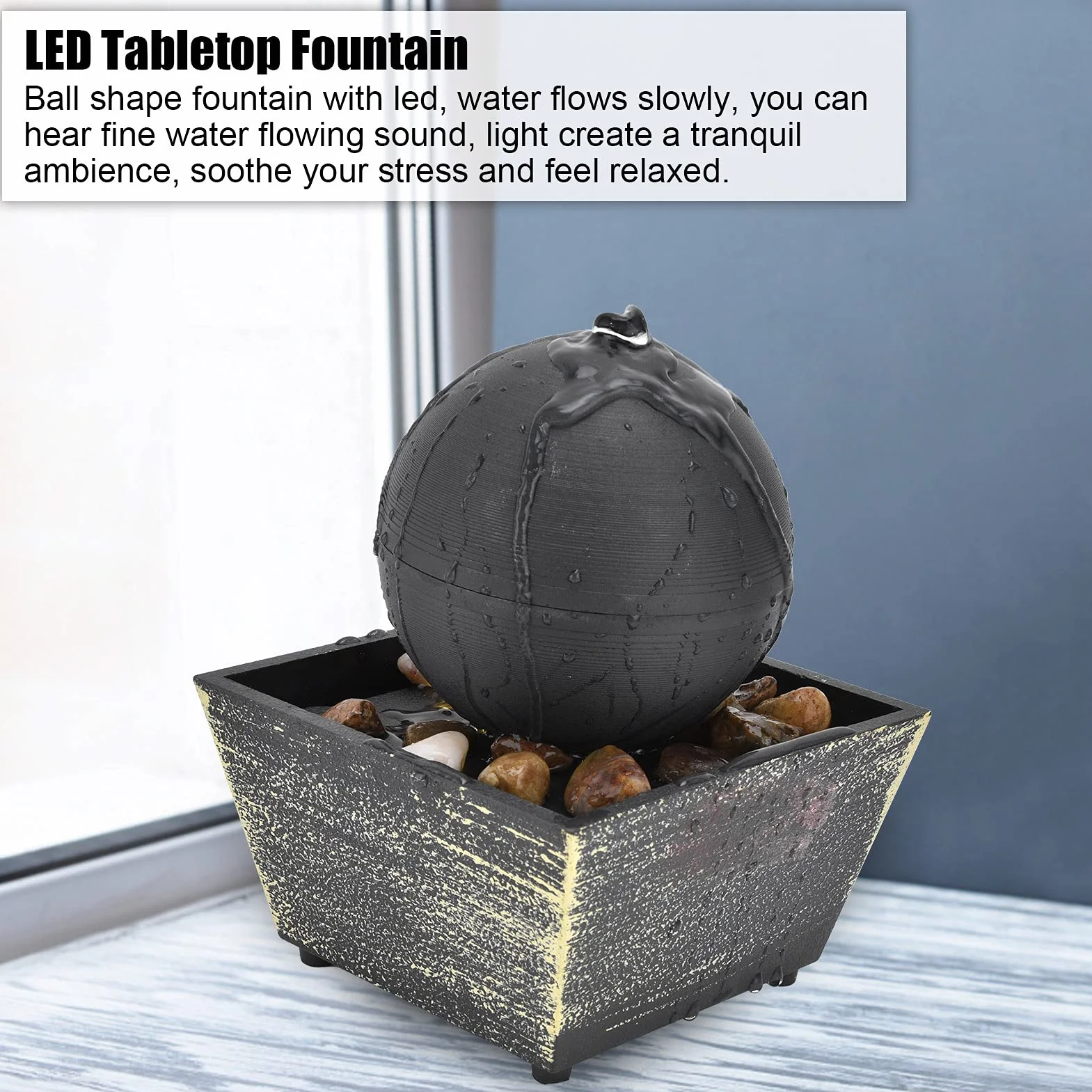 Fuente de la Cascada de Escritorio USB Función de Agua Zen con alimentación con Dispositivo de Flujo de Agua de Bola Grande de circulación de Interior Mini Feng Shui Fuente de la