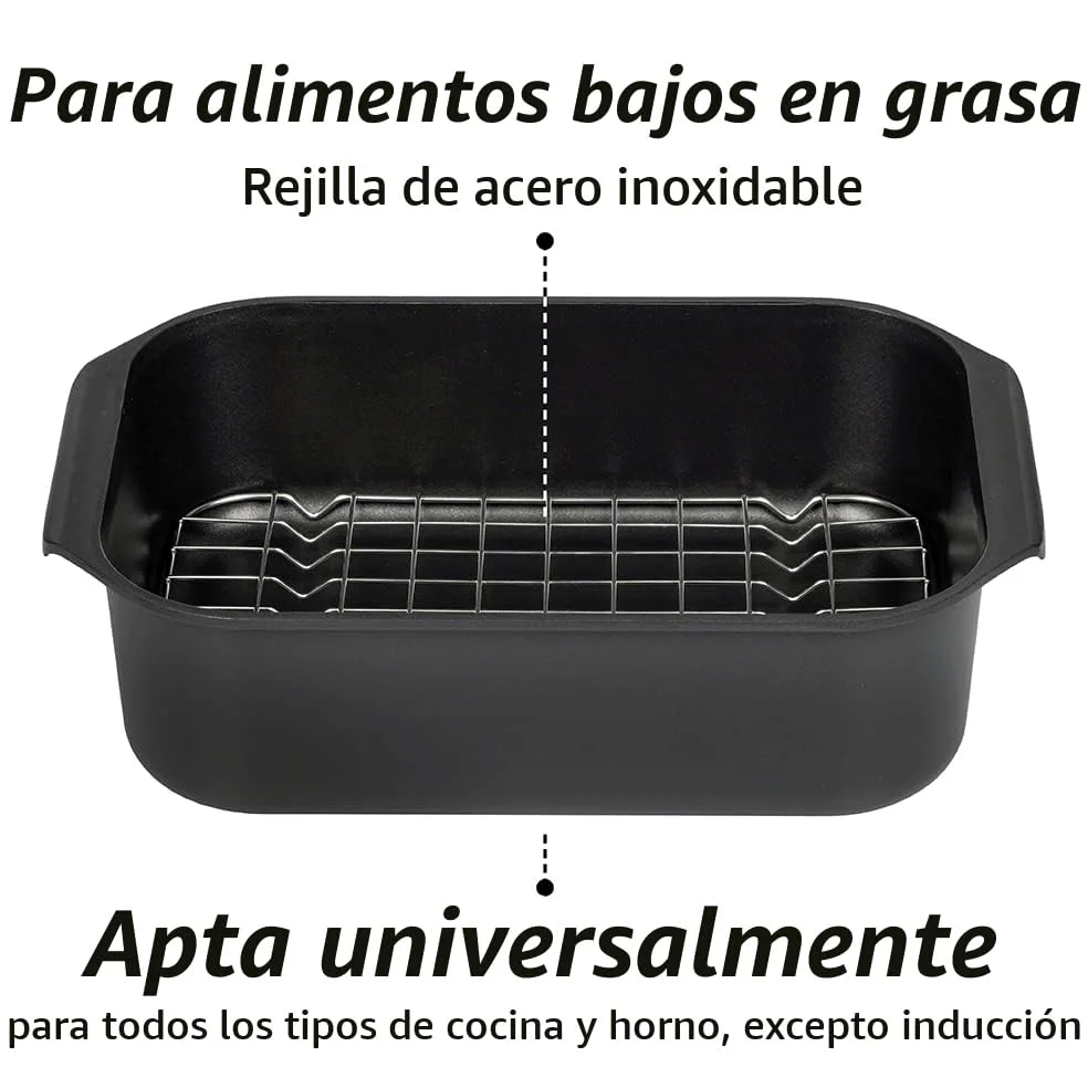GSW Asador rectangular gourmet con tapa de cristal aromático e inserto para parrilla, aluminio fundido, negro, ø aprox. 40 x 26 x H 11 cm