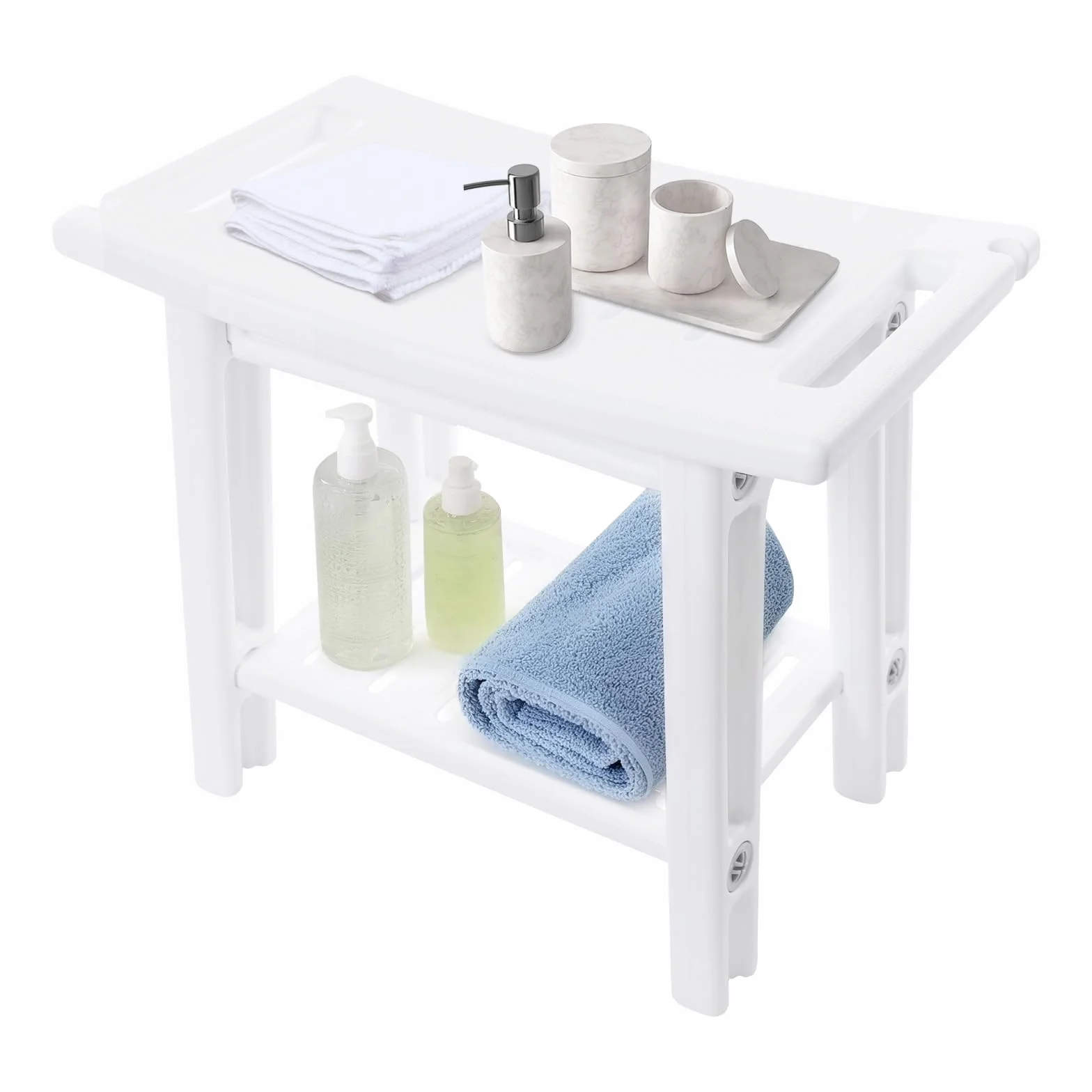 Taburete de ducha de 2 niveles, taburete de baño con soporte para cabezal de ducha, HDPE, taburete de ducha de spa de diseño moderno y ergonómico, color blanco