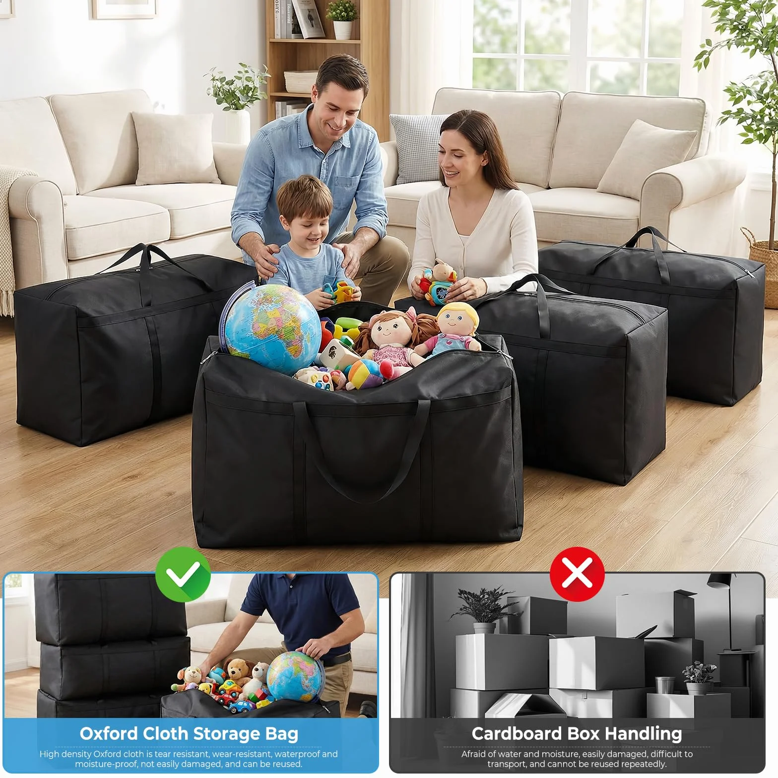 4 Piezas Bolsas de Almacenamiento Grandes de 105 Litros, 600D Oxford Bolsas de Mudanza Resistentes con Cremallera y Asa, Bolsa de Transporte Impermeable para Mudanzas, Edredones, Ropa de Cama, Negro
