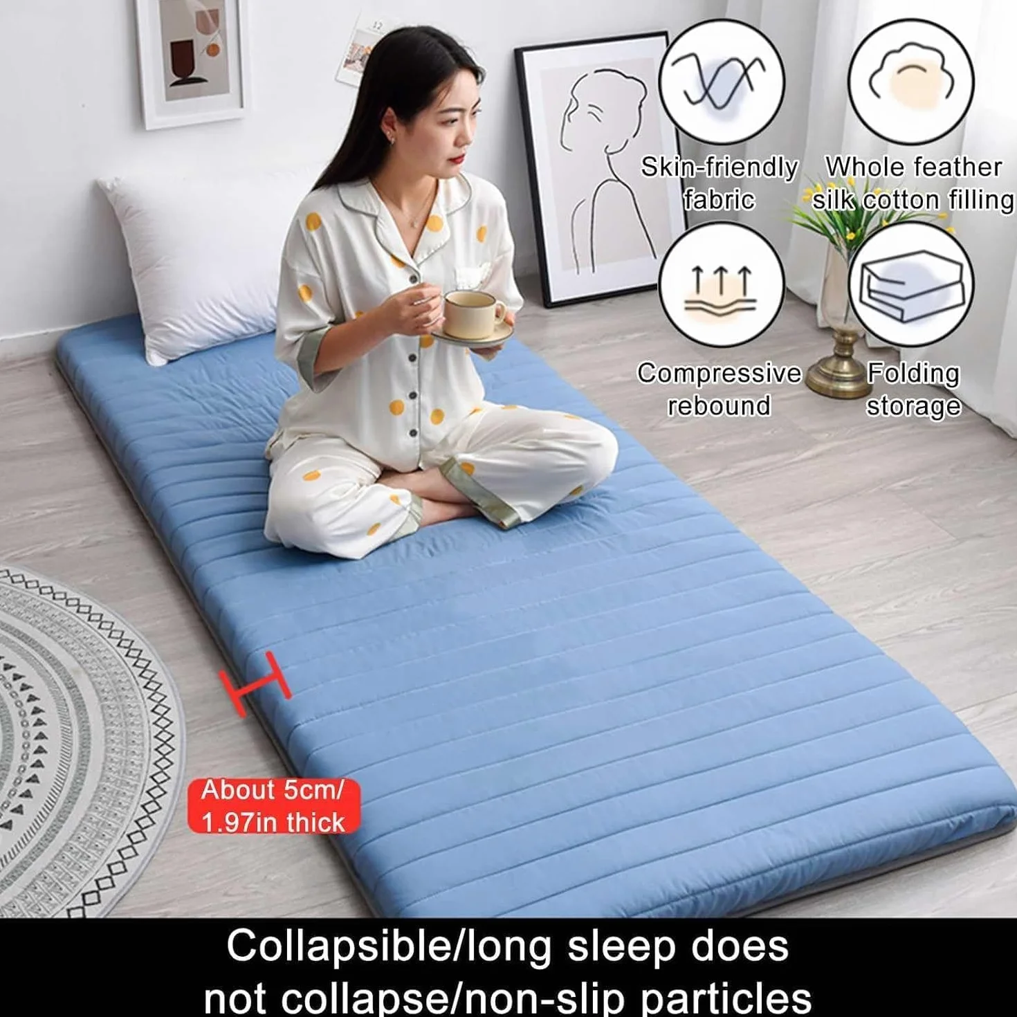 Colchón Individual para El Suelo con Bolsa De Almacenamiento Al Vacío Reutilizable - Tatami Japonés Colchoneta Futón De Algodón Enrollable Cama De Invitados Plegable (90x190CM,Rosa)