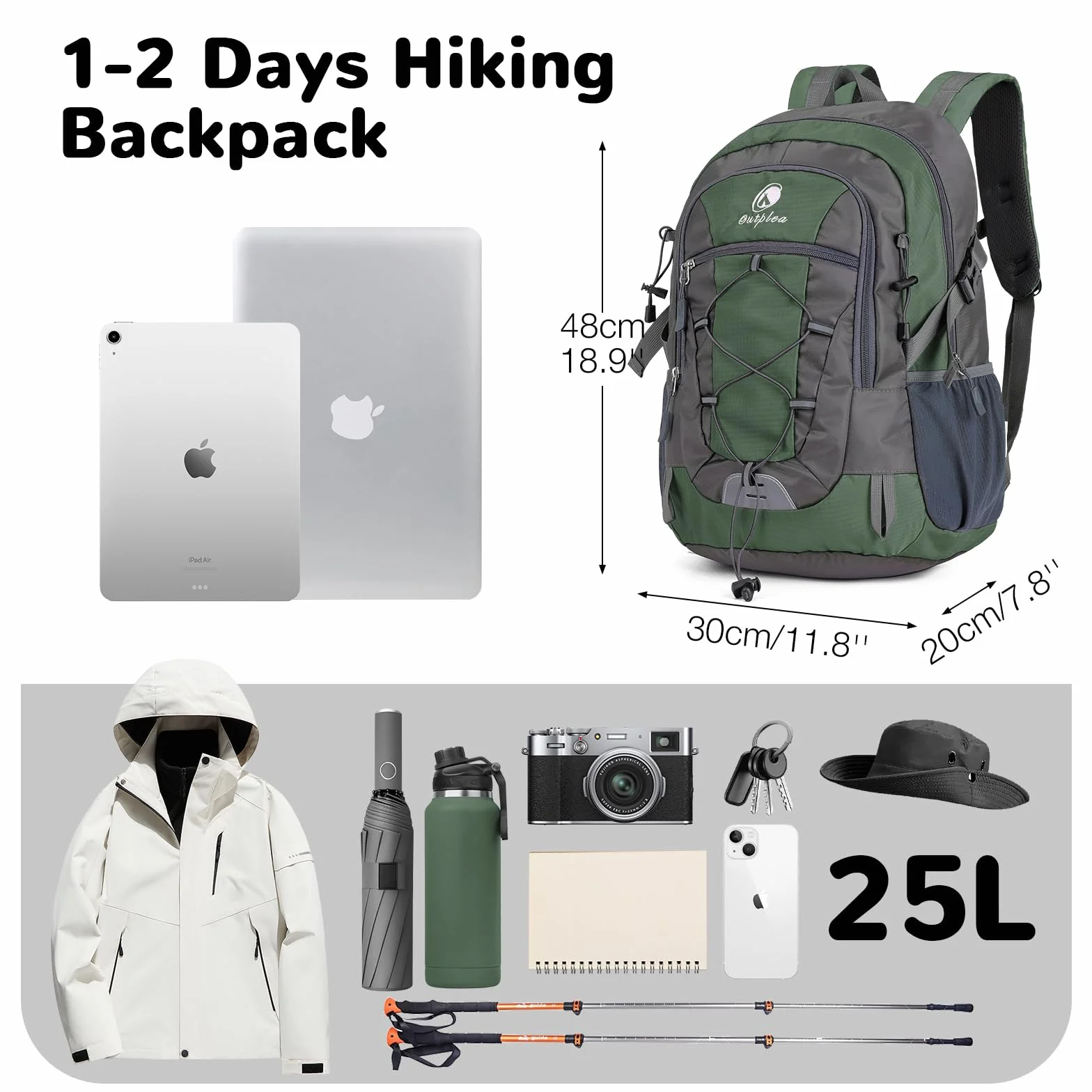 Mochila Senderismo 25L Impermeable Cubierta Lluvia Ultraligera Montaña Camping Verde