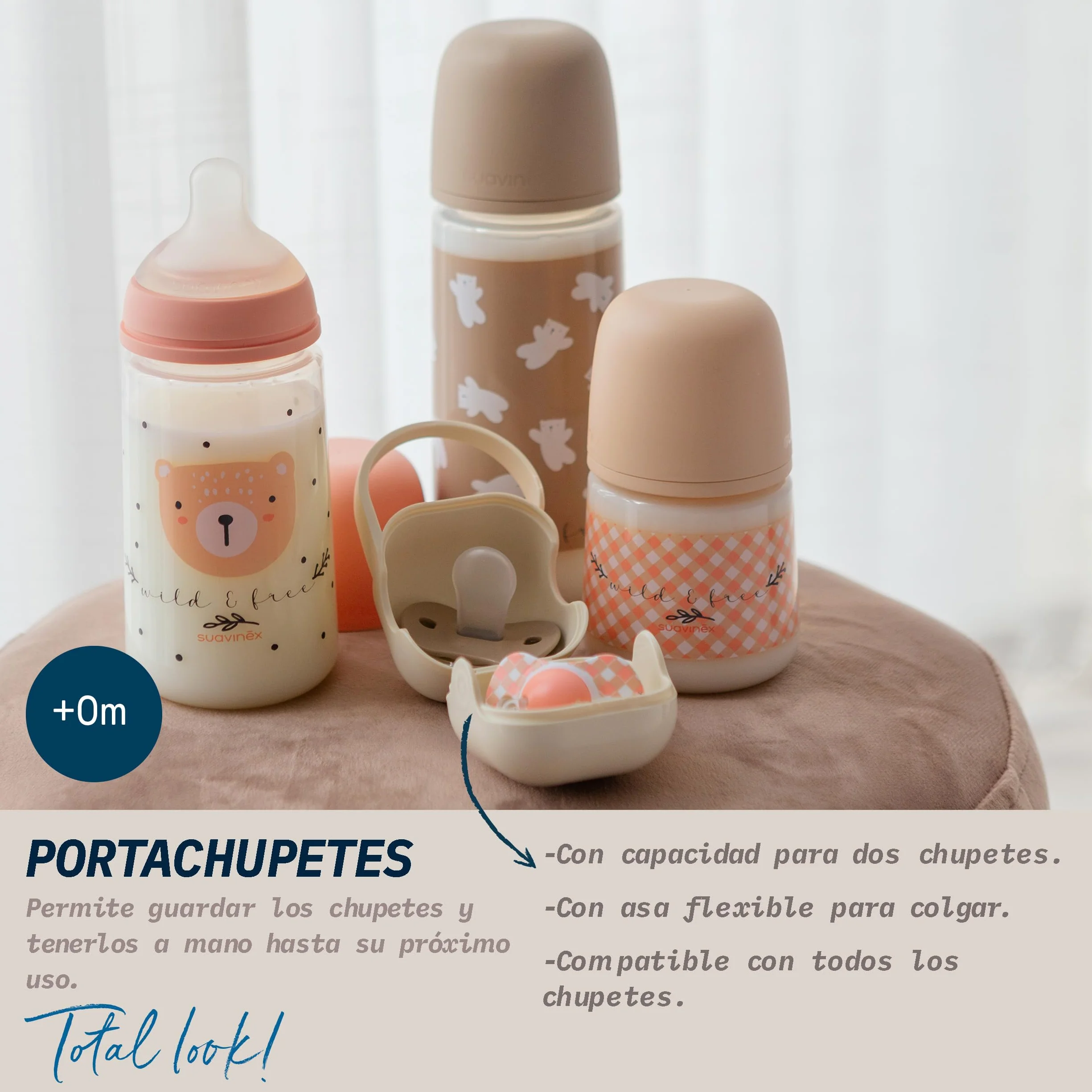 SUAVINEX Portachupete Bebé para 2 Chupetes Caja Funda Resistente Fácil de Limpiar Asita Flexible Colgar Bolso Carro Cuna Cierre Seguro +0 Meses Wild&Free Beige