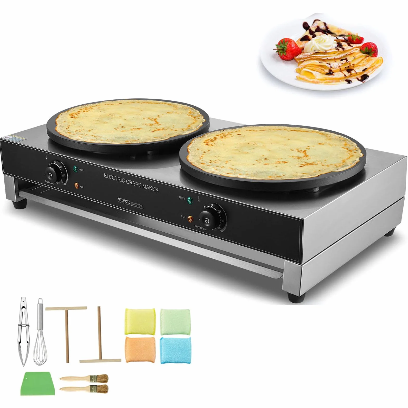 VEVOR Máquina de Crepes Comercial de Doble Cabezal de Placa Plana 6000 W, Antiadherente, Acero Inoxidable, Estufa Circular de Escritorio Panqueques y Cereales, Control Temperatura, (Sin Enchufe)