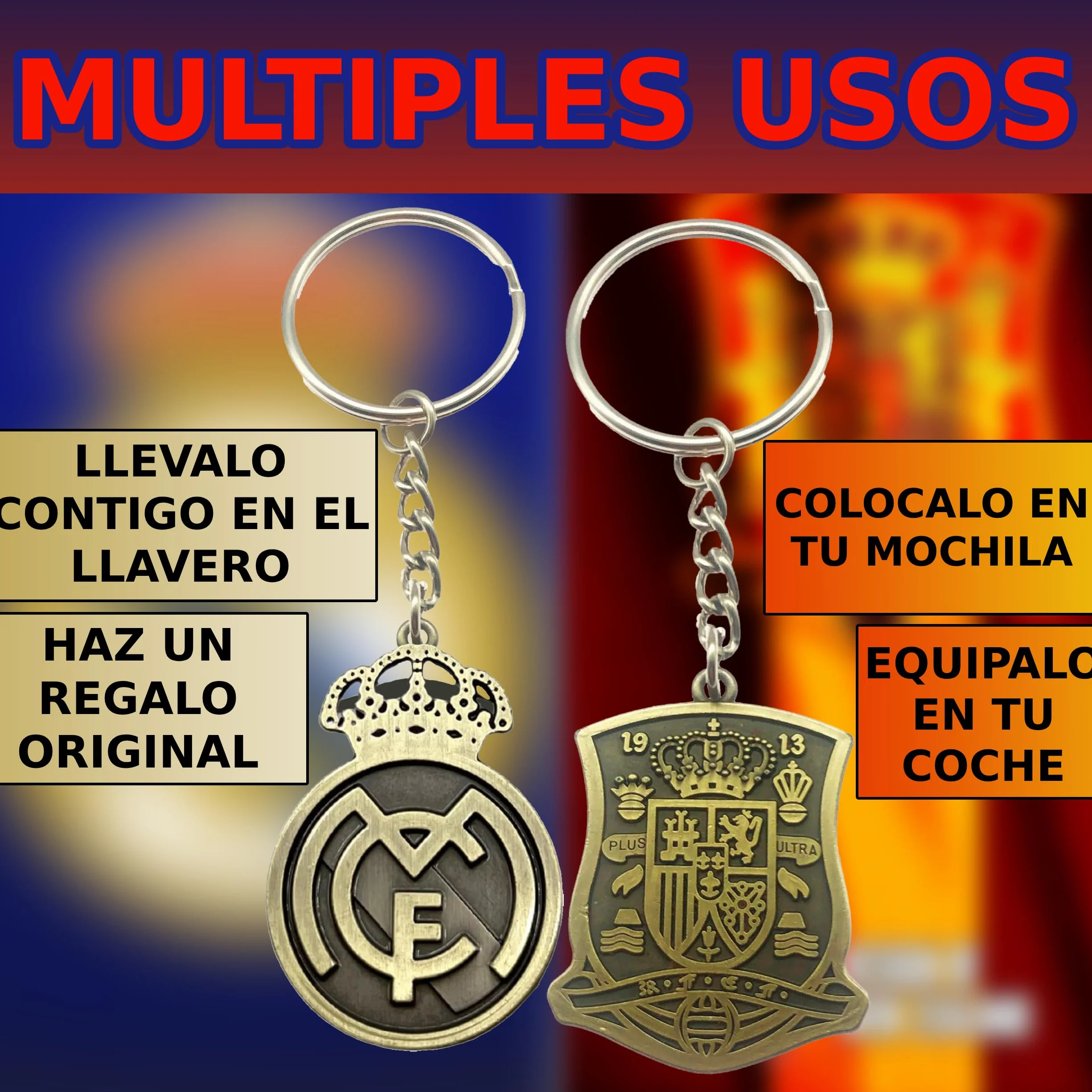 Pack 2 Llavero Real Madrid España Dorados Metálicos para Aficionados del Fútbol Regalo Hombre Mujer