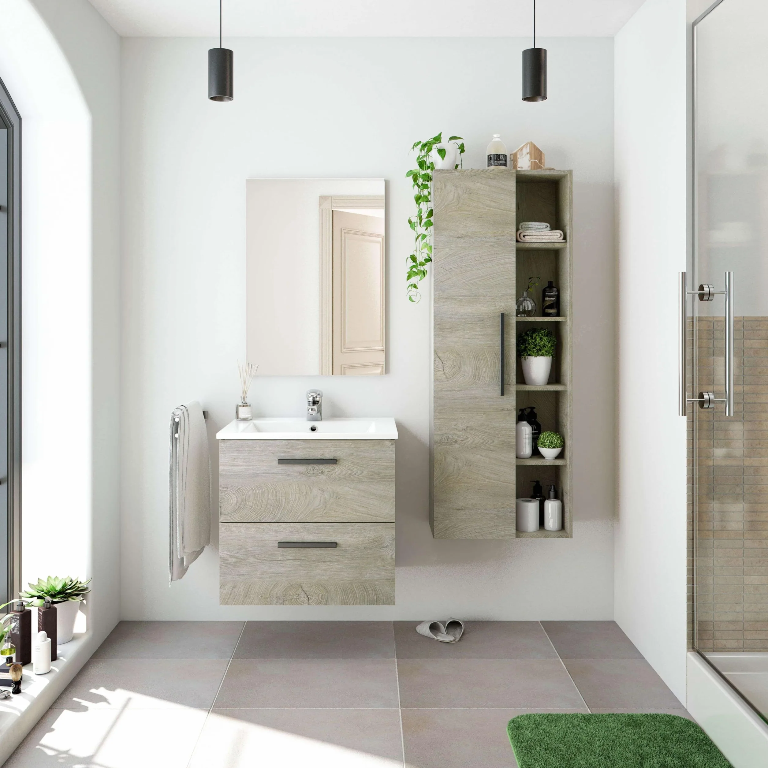 ARKITMOBEL - Columna de Baño Suspendida Grande con 1 Puerta y 7 Estantes, Armario Auxiliar para Baño, Color Roble Alaska, 135x51x25 cm - Modelo Athena