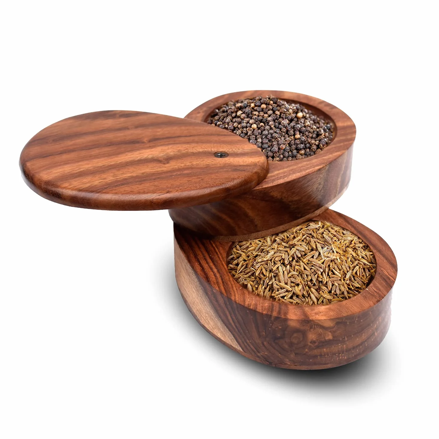Caja de madera para sal y pimentero con recipiente de tapa giratoria y cajas de pimienta, caja de especias de madera giratoria doble para cocina, tamaño: 5.75 x 4 x 3.75 pulgadas, 400
