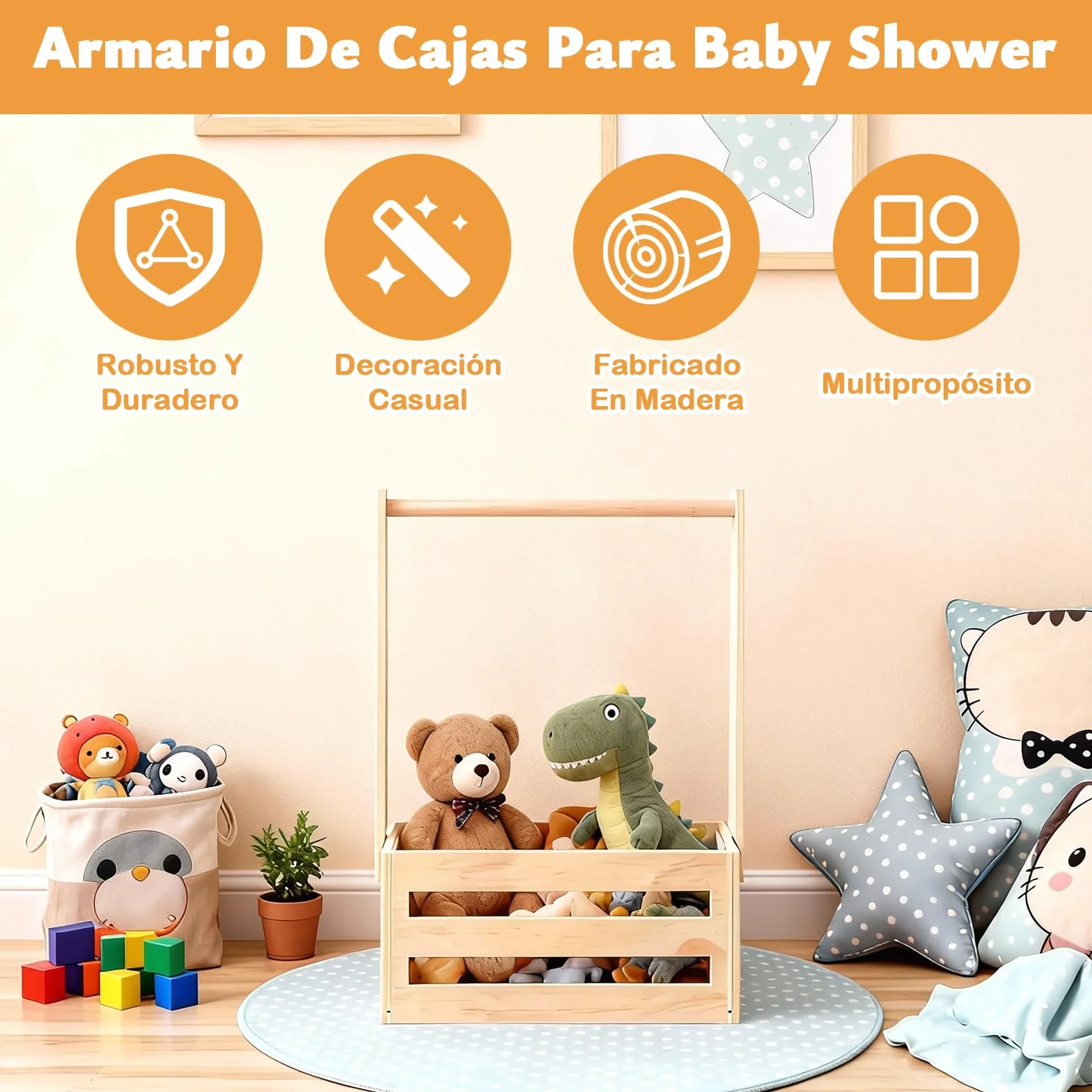 Cesta de Madera para Baby Shower con 6 Colgadores y Guirnalda Floral | Set Completo para Recién Nacidos