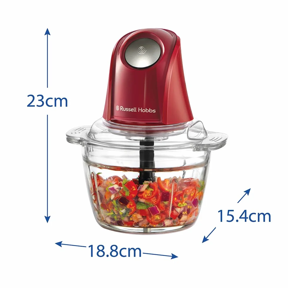 Russell Hobbs Picadora Eléctrica Mini Desire Red (Cuenco de vidrio de 500 ml, Cuchillas Inox de 2 puntas, 350 W Max, Botón One-Touch, Para frutas, verduras y carne) 27132-56