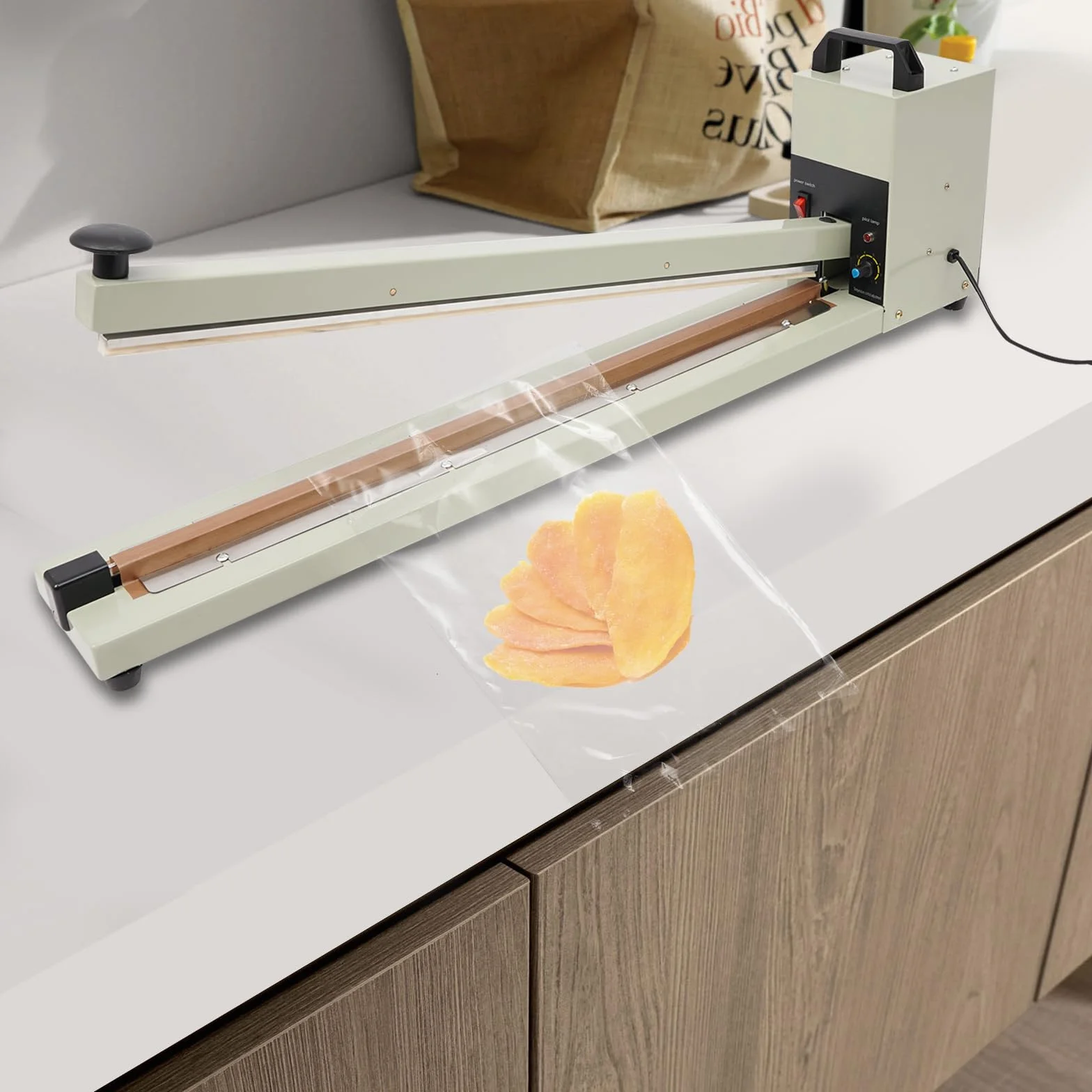 Selladora 600 mm, termoselladora 750 W, soldadora con 8 niveles de temperatura, ancho de sello 3 mm, ideal para hogar, panaderías, cafeterías y pequeños comercios