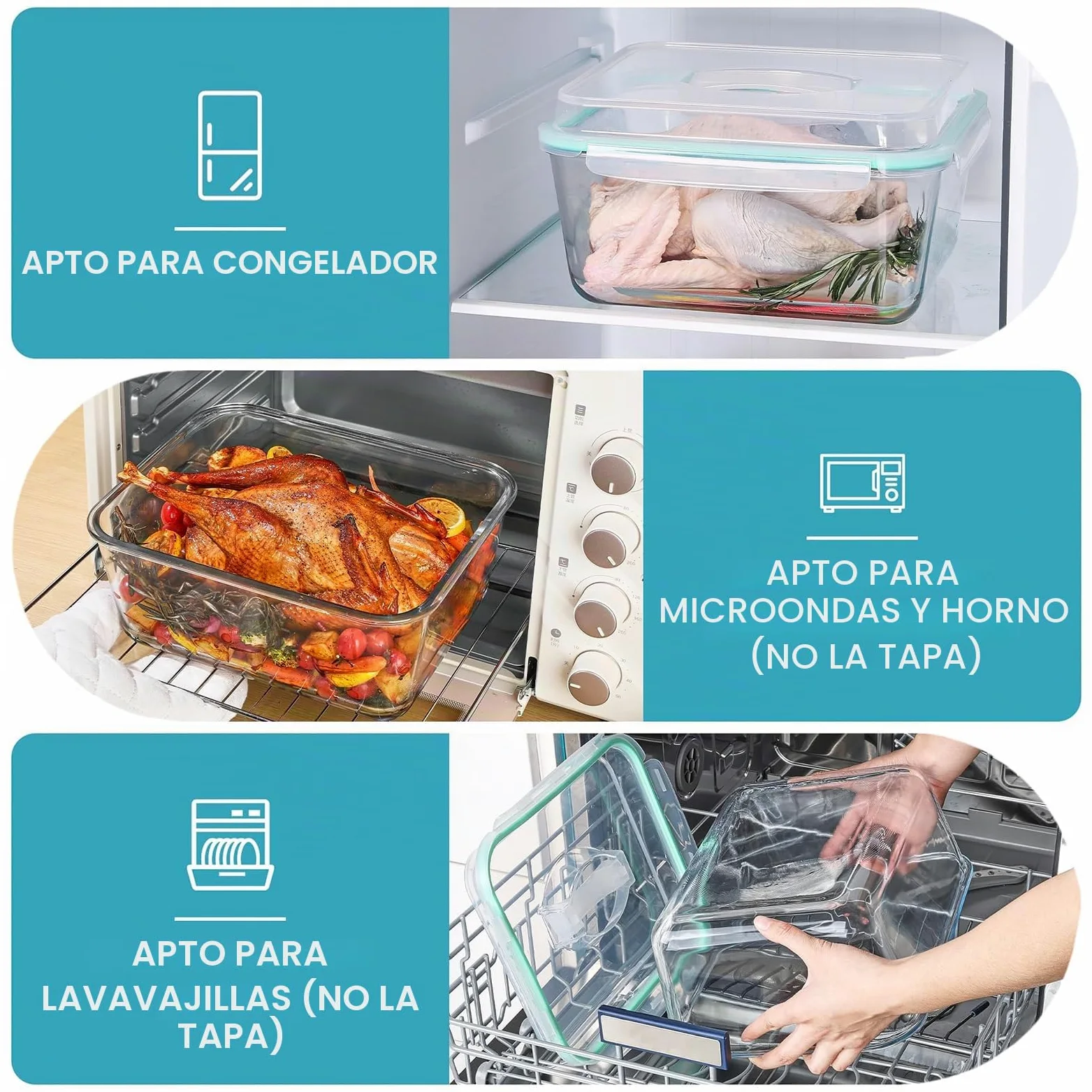 6,5 L Grandes Recipientes de Cristal con Tapa, Herméticos, Aptos para Congelador, Recipientes de Cristal para Alimentos, Grande para Pollo, Pavo, Melón o Platos de Fiesta