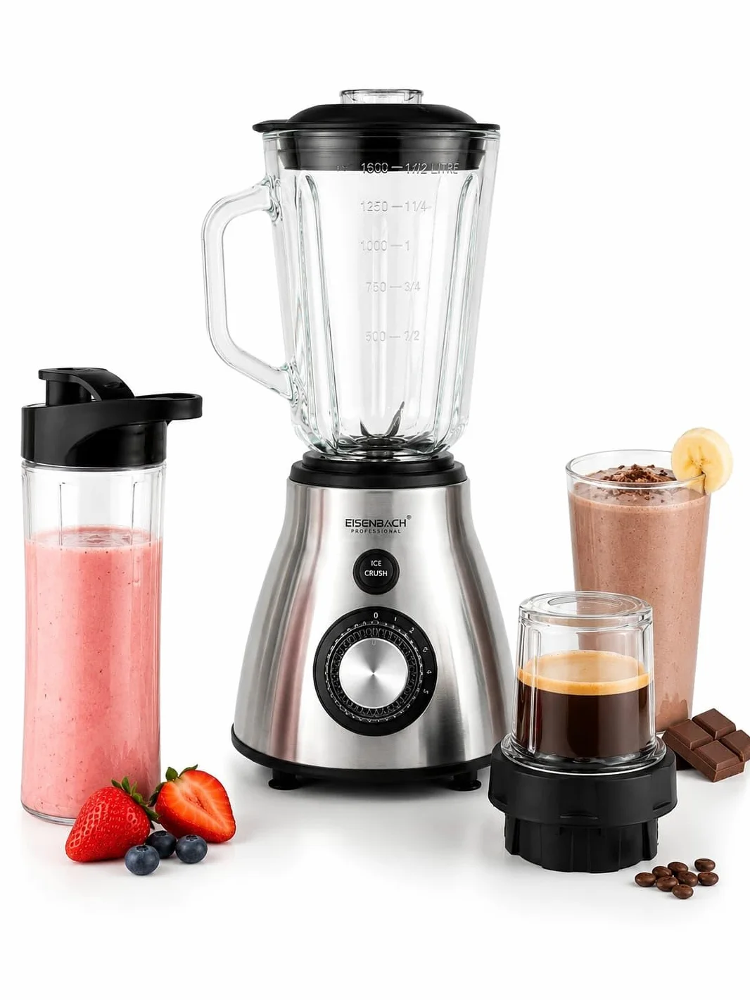 Licuadora Eléctrica Profesional 3 en 1 800W, Vaso de Vidrio 1.5L, Molinillo para Café y Especias, Botella Portátil 600 ml, 5 Velocidades + Función Ice Crush, 220-240V 50/60Hz