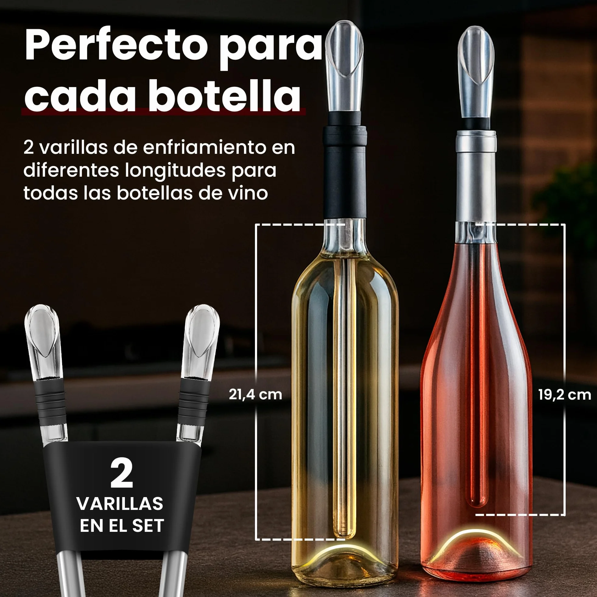 Brendo Enfriador de Botellas de Vino 4 en 1 – Varillas Enfriadoras de Acero Inoxidable en 2 Longitudes + Vertedor + Decantador + Tapón | Set de Regalo para Hombres y Mujeres | Accesorios para Vino