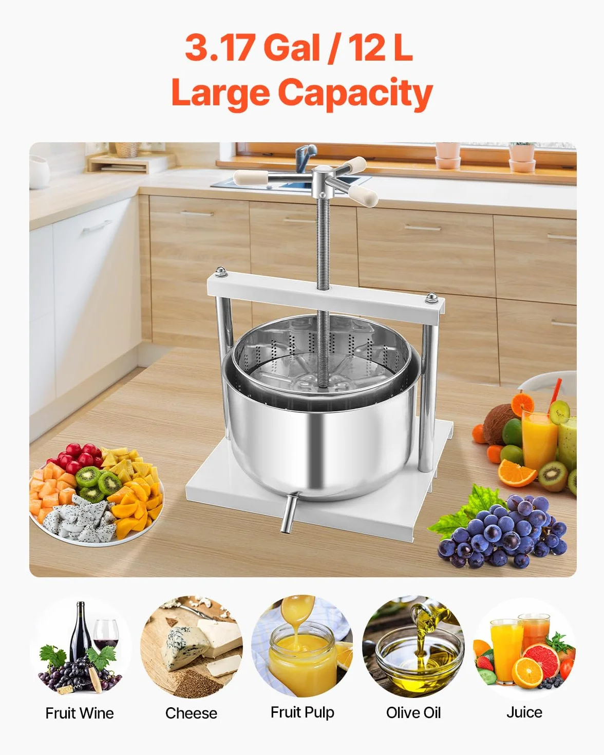 VEVOR Prensa de Vino de Frutas 12 L, 2 Barriles de Acero Inoxidable, Exprimidor Manual, para Hacer Sidra, Manzana, Uva, Tintura, Miel, Aceite de Oliva con Mango Triangular, 370 x 355 x 665 mm