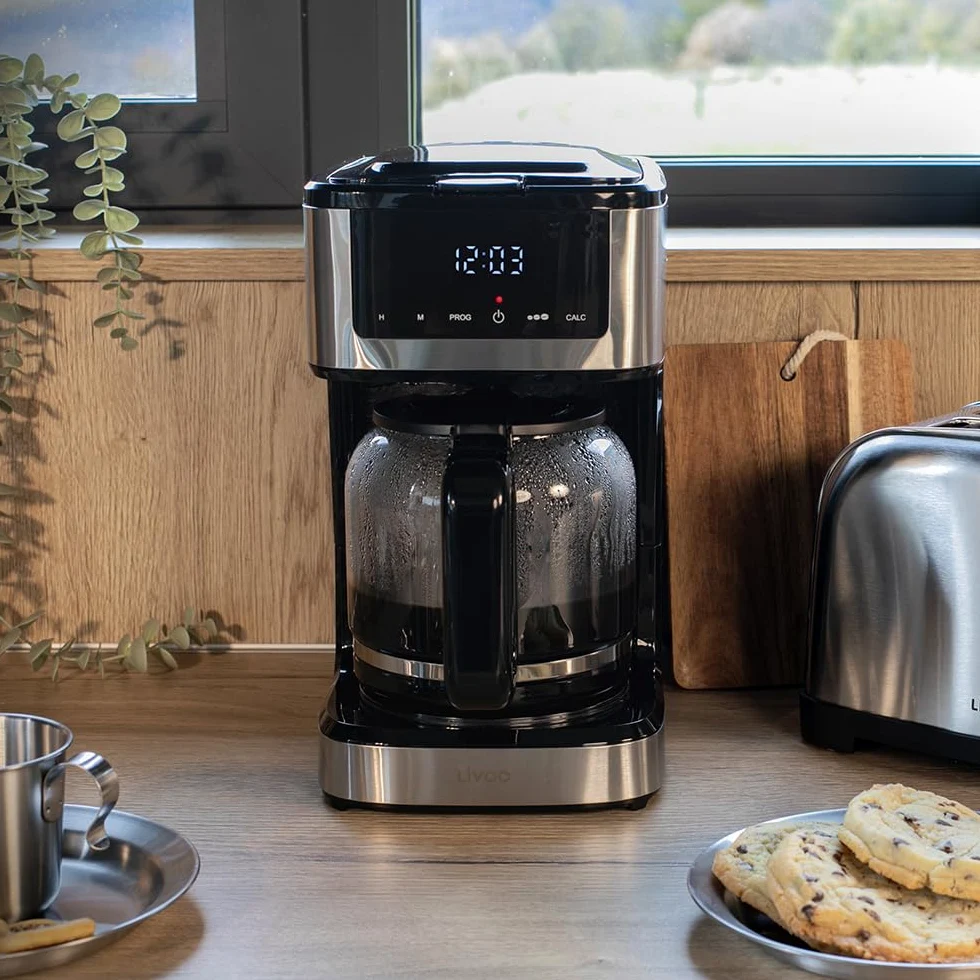 Livoo - Cafetera eléctrica programable DOD208-15 tazas, 1,8L, filtro reutilizable, función programación, mantenimiento caliente, vidrio