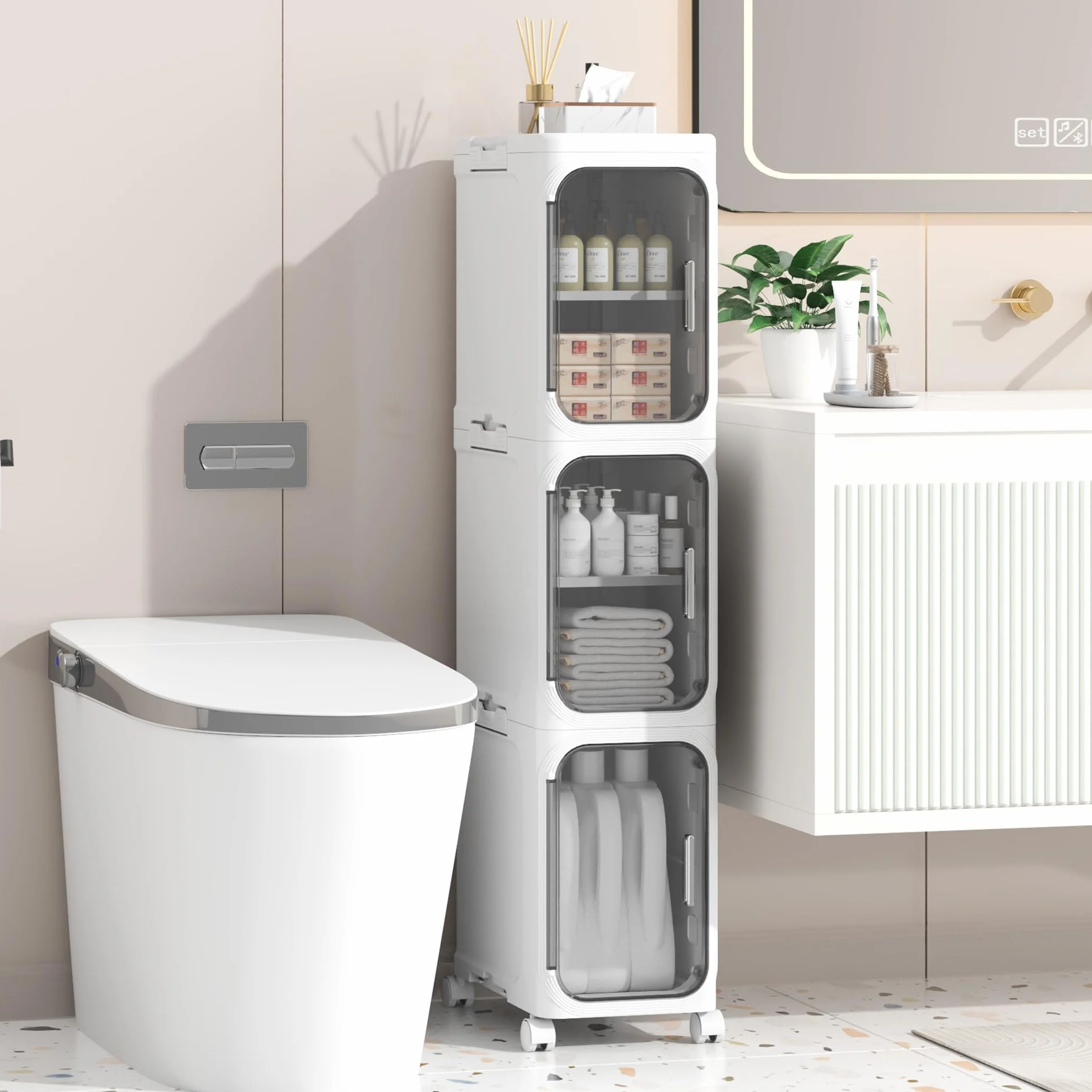 Armario de baño Estrecho, Mueble de Almacenamiento de plástico Independiente para Inodoro con Puerta, Carrito pequeño Impermeable con Ruedas para Oficina (21x34x97cm, 3 Niveles)