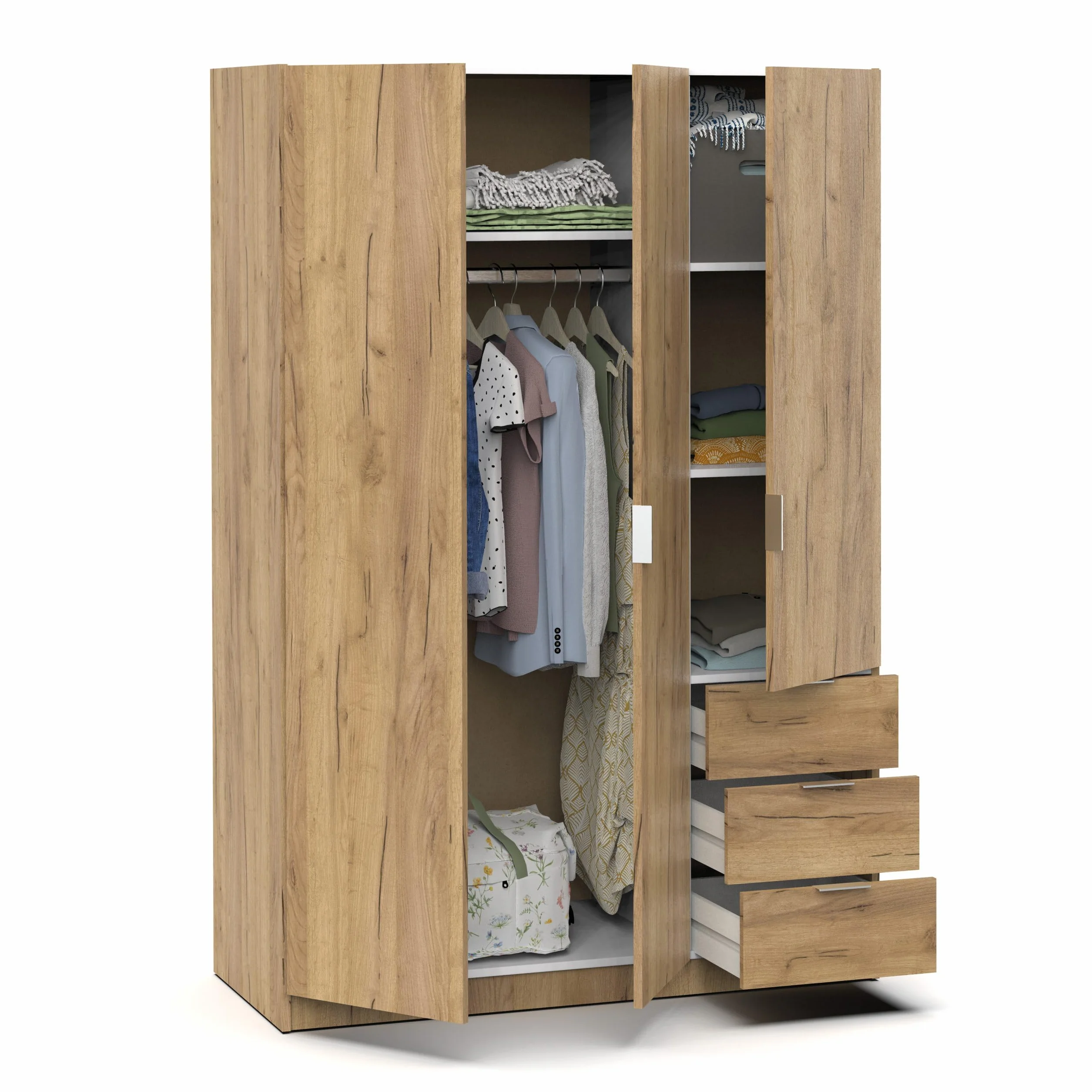 MUEBLES PITARCH Armario Dormitorio Ropero 3 Puertas 3 Cajones, Roble Kraft, 180x120x50 cm(Alto x Ancho x Fondo), Mueble Auxiliar Moderno, Colección Turín