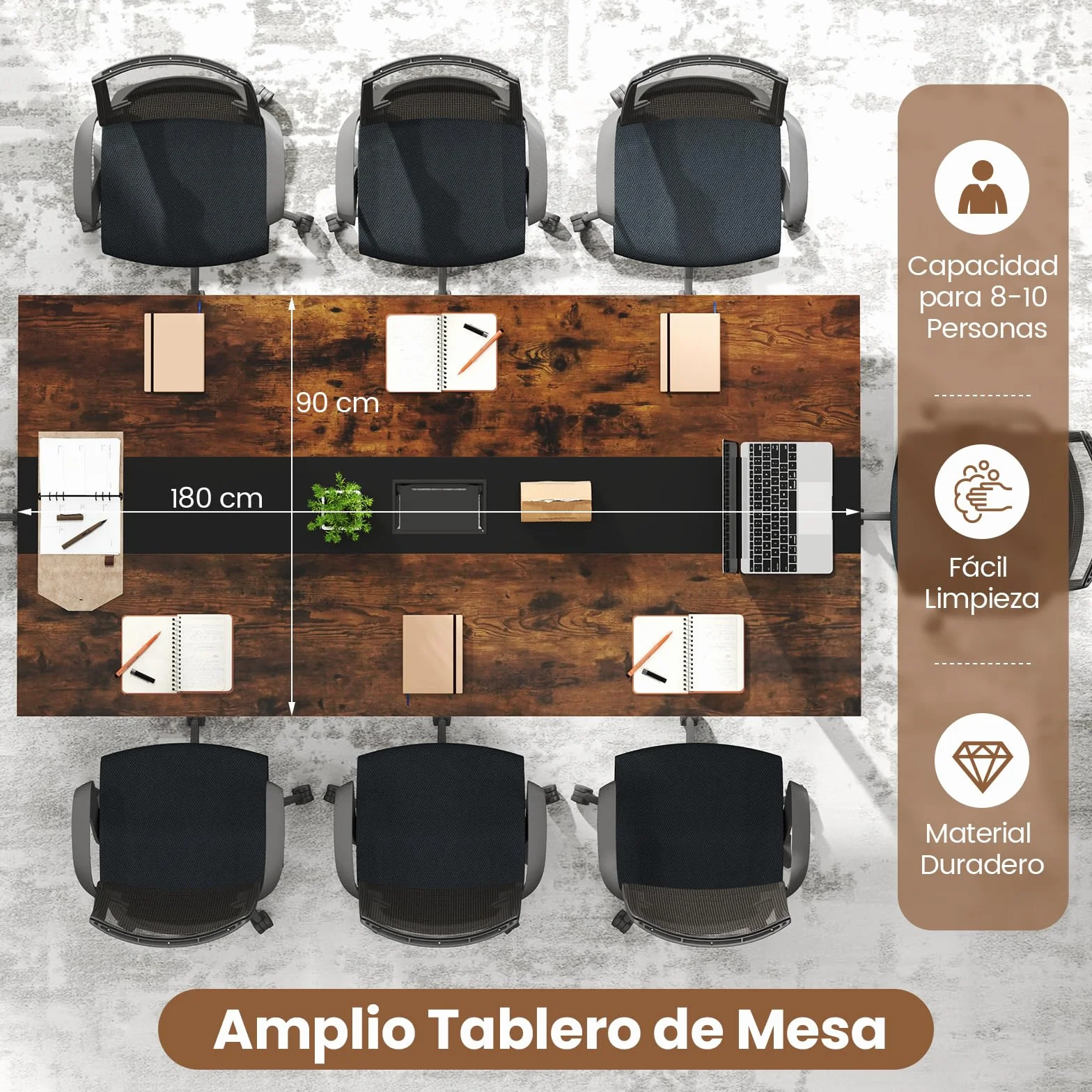 COSTWAY Mesa de Reunión 180x90 cm, Mesa Grande de para 8-10 Personas, Escritorio Rectangular con Orificio para Cables, Marrón Rústico, Oficina, Sala de Juntas