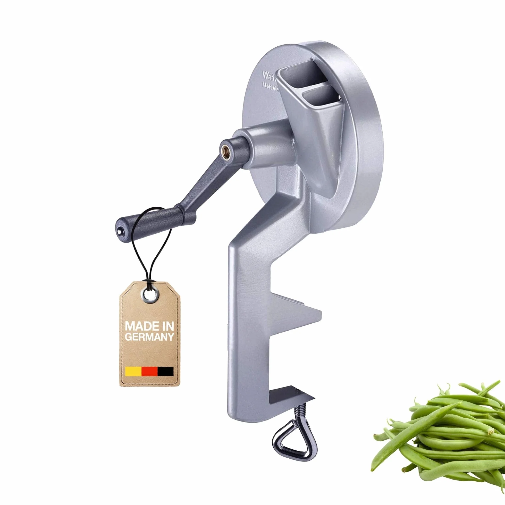 Westmark Cortador de judías con 2 aberturas de corte y abrazadera de tornillo para montaje en mesa, Cuchillo de acero inoxidable/carcasa de aluminio, Plateado, 11822260