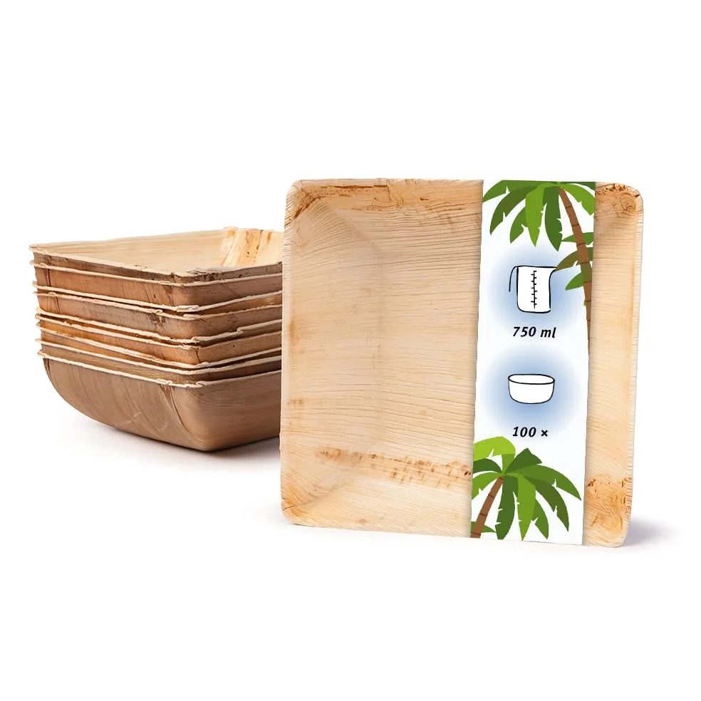 Palmware Vajillas desechables ecológicas hechas de hojas de palma I 100 piezas oja de palma tazón cuadrada 750ml 18cm I ensaladera - tazón de sopa - tazón de servir - tazón de aperitivos